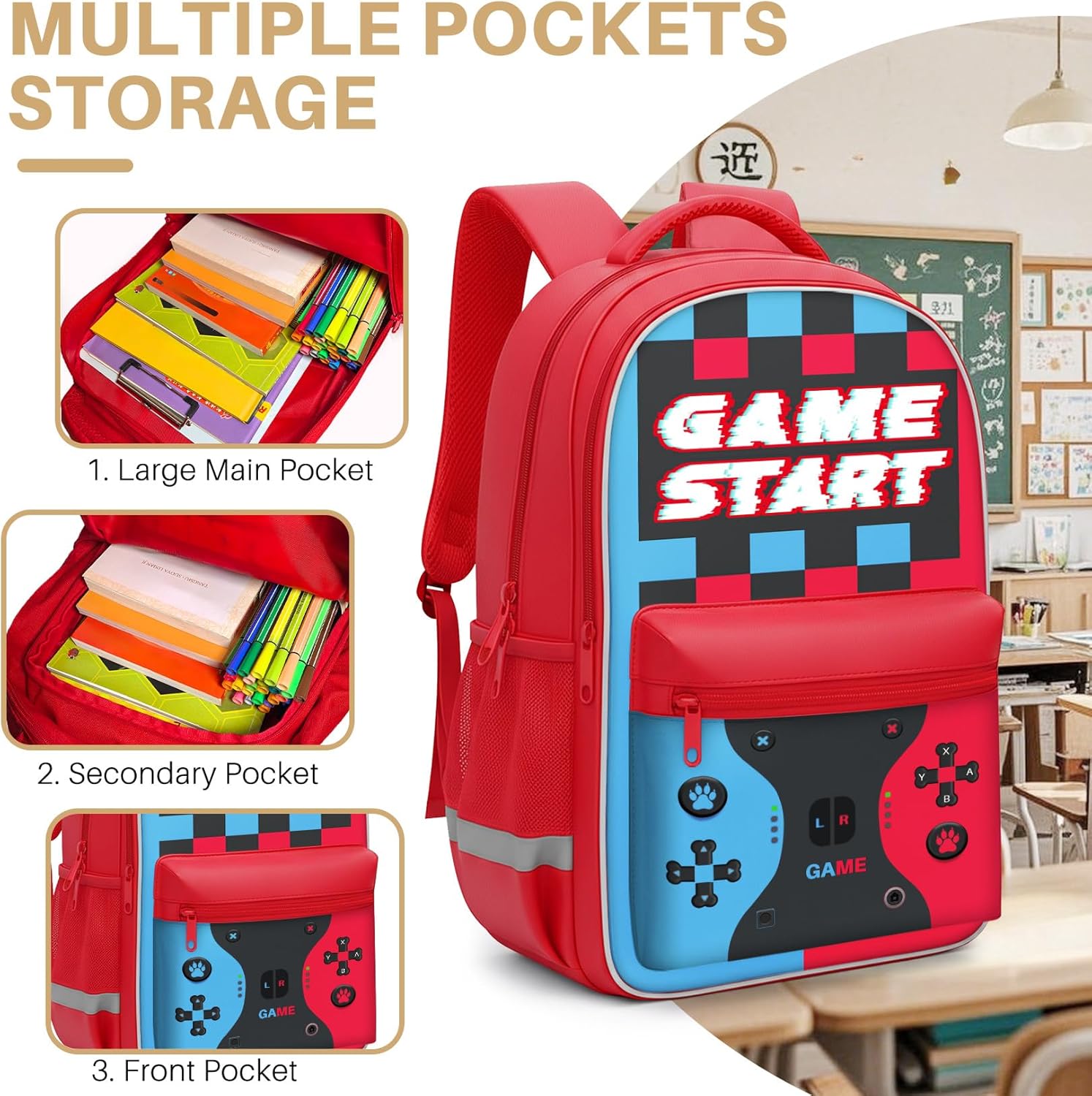 3-Piece Video Game Backpack Set for Boys Teens - 16.5 Inch Large Bookbag with Insulated Lunch Box & Sturdy Pencil Case, Ideal for Elementary & Middle School, Fits Textbooks - Image 4