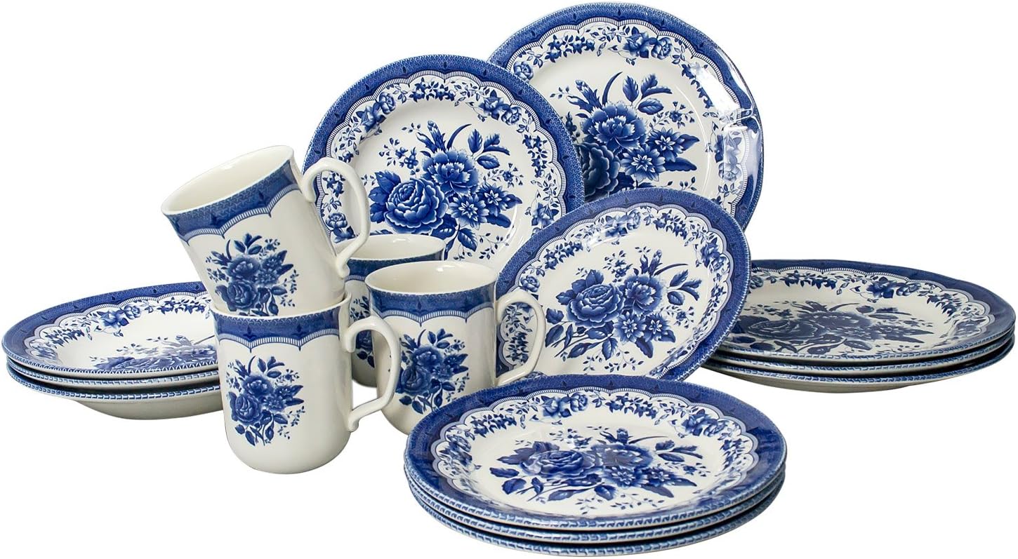 Free Shipping Offer Tudor Royal Collection 16-Piece Premium Quality Round Porcelain Dinnerware Set, Service for 4 - VICTORIA Blue, See 10 Designs Inside!