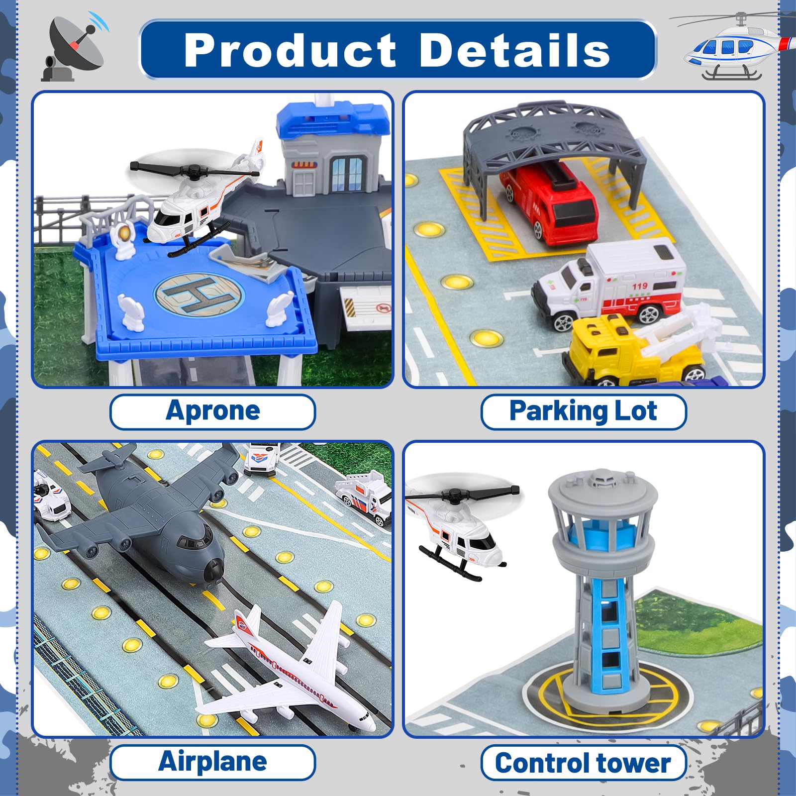 deAO Flugplatz Toy Strap Karte, Inkl. Gebäude des Flughafenterminals, Radarturm, 11 Verkehrsträger: Gepäckwagen, Polizeifahrzeuge, Verkehrsflugzeug, Straßensperre, Bodenpersonal für Kinder von 3–12