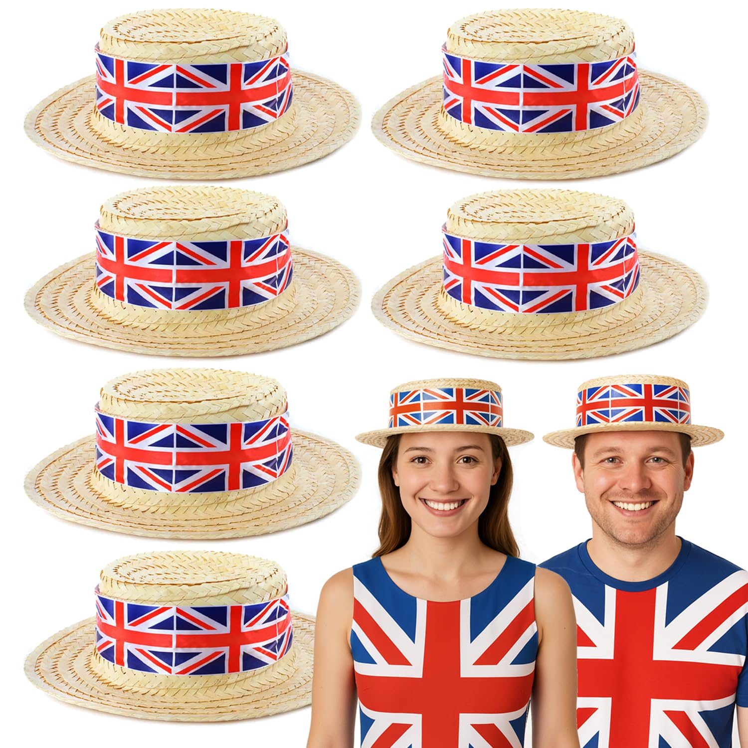 Union Jack Boater Hats - Pack of 6 - Straw Boater Hats with Union Jack Flag Band - King's Coronation, VE Day, Jubilee Events, Street Party Fancy Dress Accessory