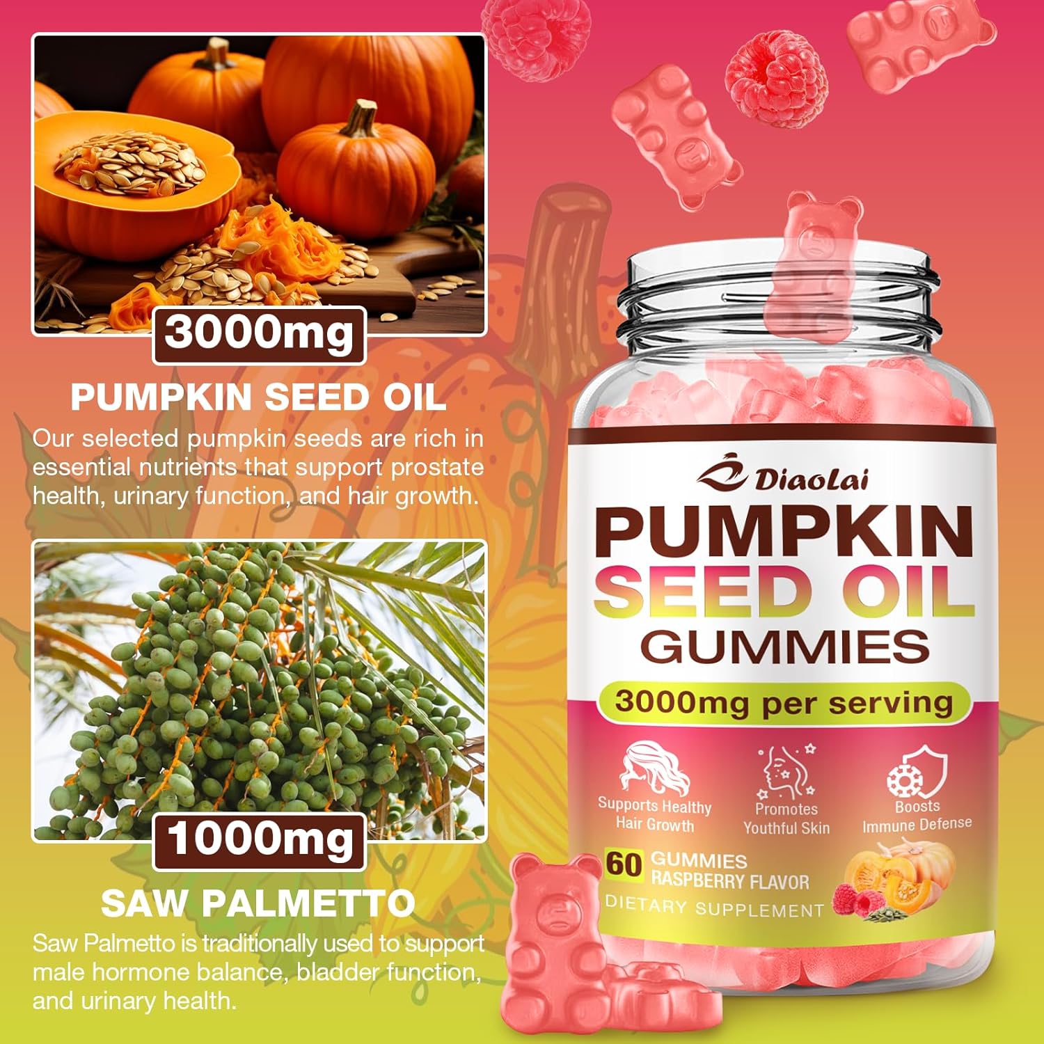 Sugar-Free Pumpkin Seed Oil Gummies with Saw Palmetto for Hair Growth - Organic Supplement for Skin Health & Prostate Support - High-Purity Extract for Women & Men, Raspberry Flavor, 60 Count - Image 5