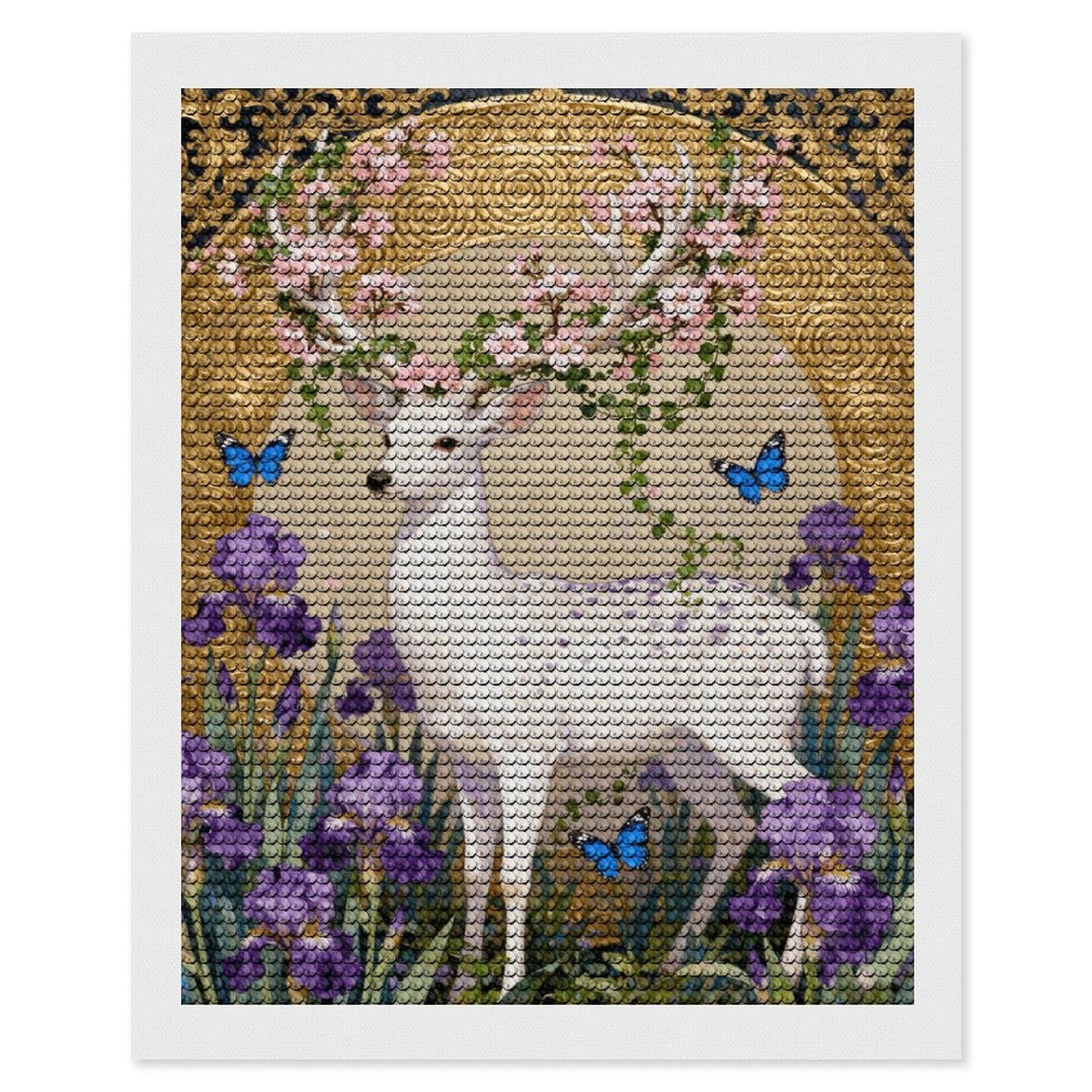 DWVTSLH White Deer and Purple Flowers Diamond Painting Kits for Adults, Personalized Diamond Photo Art Full Drill, DIY 5D Diamond Art Painting Kits for Beginners, Home Wall Decor 16"x20"