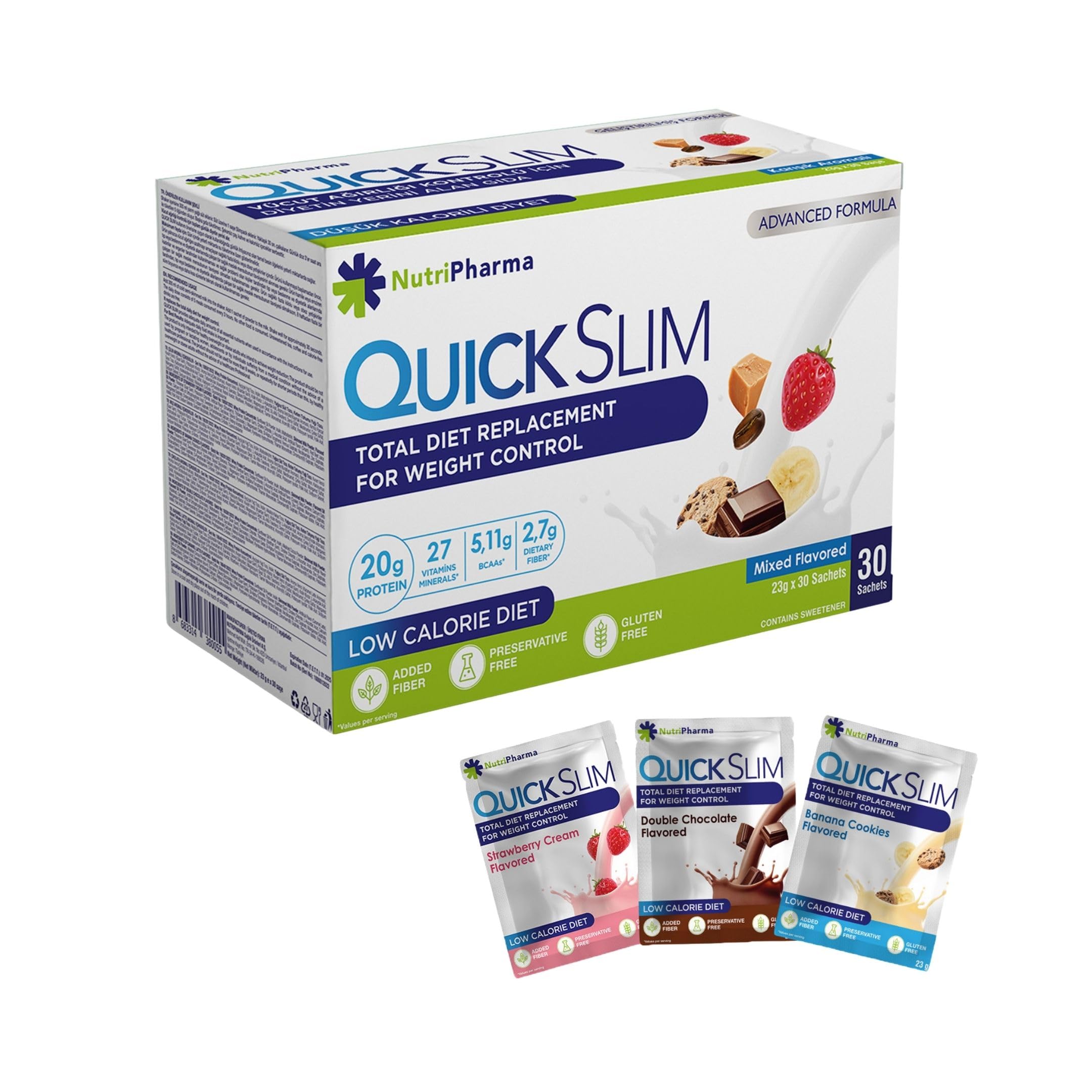 Quick Slim Mahlzeitenersatz Shake zum Abnehmen, 30 Portionen, 20g Protein, 27 Vitamine & Mineralien, Ballaststoffe, Low Carb, Glutenfrei (Abwechslungsreiches Paket)