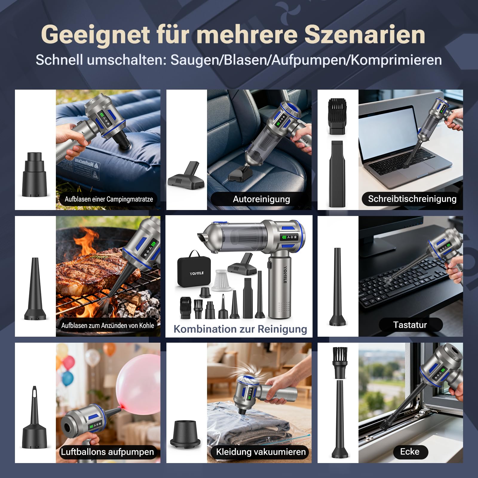 Yomile Handstaubsauger Akku, 27000Pa/150W Autostaubsauger Kabellos, 250.000 U/min Mini Staubsauger, Aufladbar Tragbar Leicht Auto Staubsaug Stark, Staubgebläse für Auto, Büro Genutzt, Haus, Küche