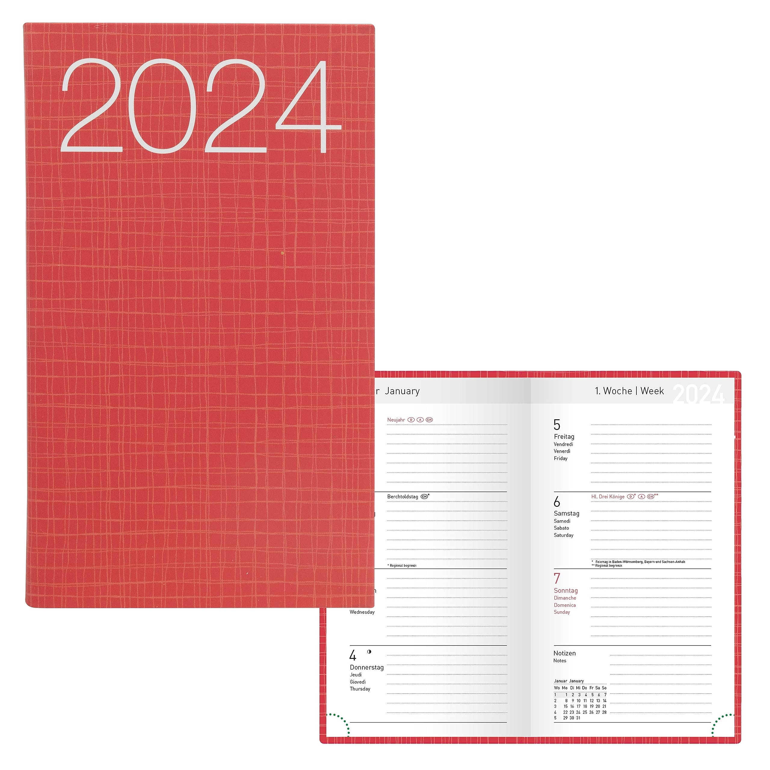 Idena 11032 - Pocket Diary 2024, Ladytimer Graphic Red, 87 x 153 mm, 128 Pages, Weekly Planner with Flexible Cover