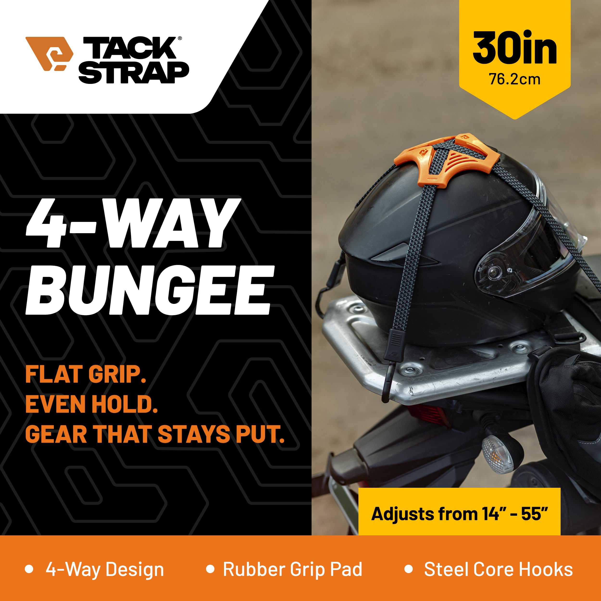 Tack Strap – 4-Wege-Flach-Bungee-Schnur mit Gummi-Pad-Griff, rutschfeste Spanngurte für Motorrad, ATV, Kajak, Radfahren, Camping, LKW, Lagerung, verstellbare Bungee-Seile – 2 Stück (Orange)