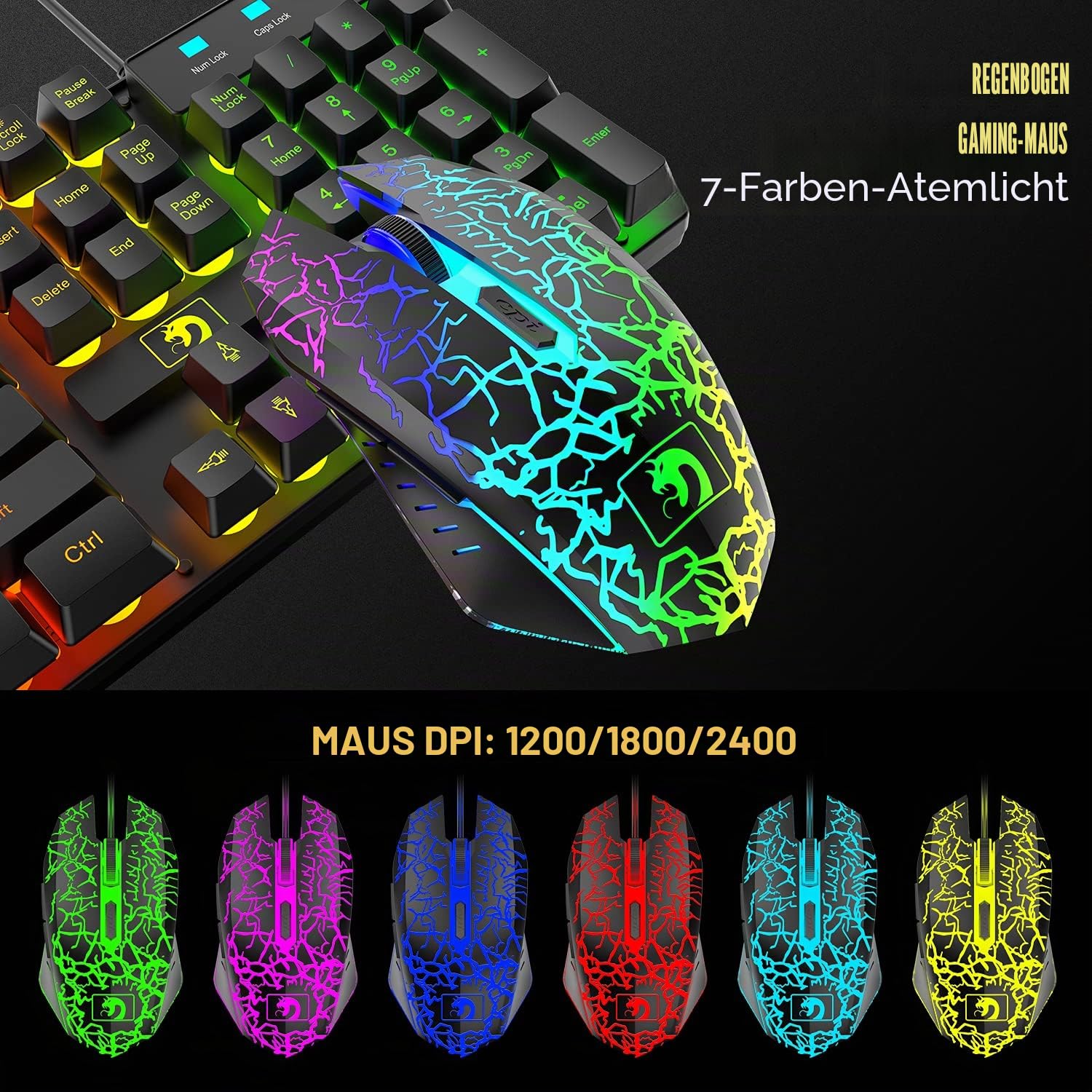 Vereinigtes Königreich-UK Layout verdrahtet 104 Key Gaming-Tastatur-Maus-Kopfhörer-Lautsprecher 5 in 1 Combo Multi RGB-Hintergrundbeleuchtung Einstellbar 2400DPI-Maus Great Mousepad wasserdicht