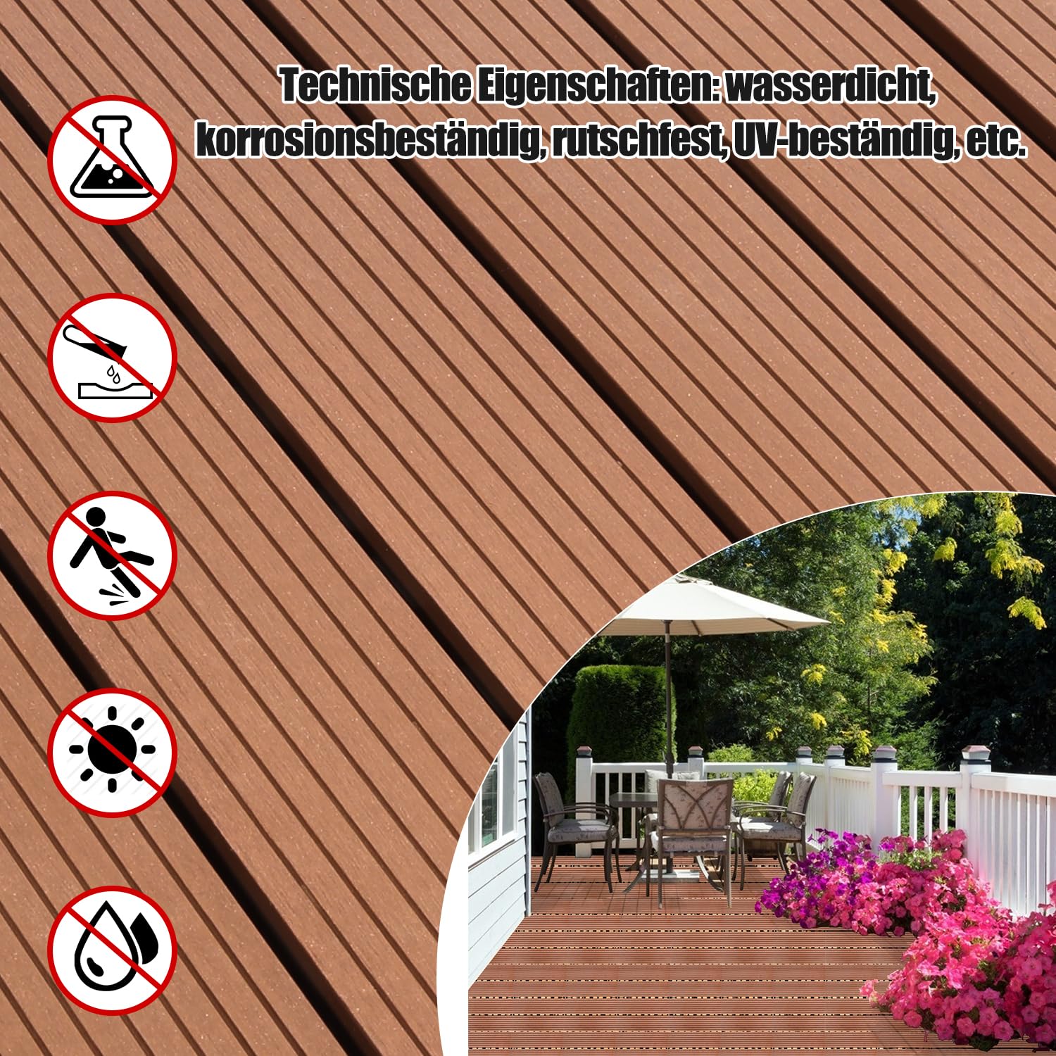 Terrassen-Fliese 30x30x2 cm WPC Kunststoff 55er Spar Set für 5m², Holzfliesen Wetterfest Schwimmbad Badezimmer Terrasse Garten Balkonbodenbeläge, Braun