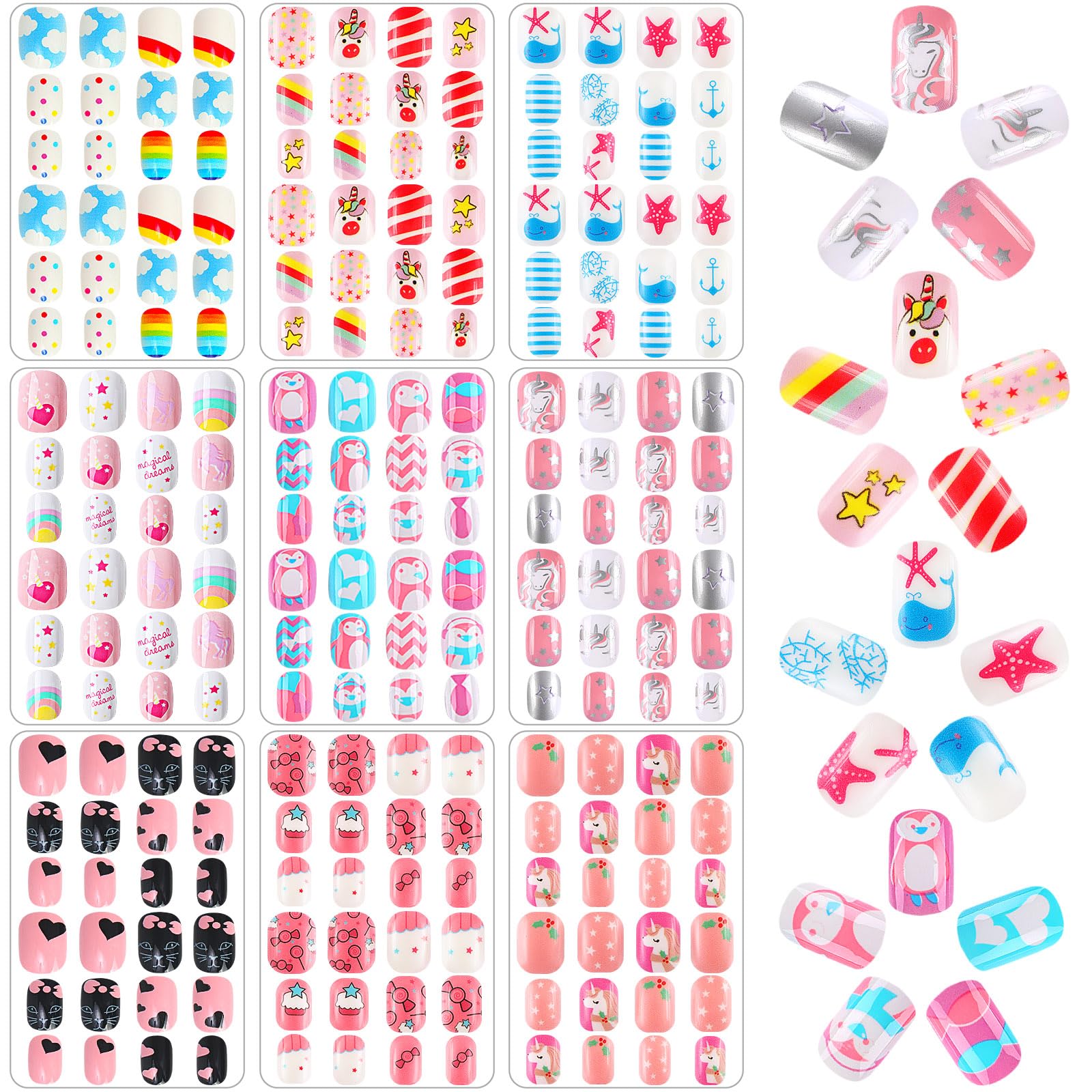 216Pcs 9 Pack Press on Nails Grils Kids Full Cover Short False Stick on Nail Tips for Kids Nail Art Decoration Christmas Birthday Valentine's Party Favors Gift(Lovely Style)