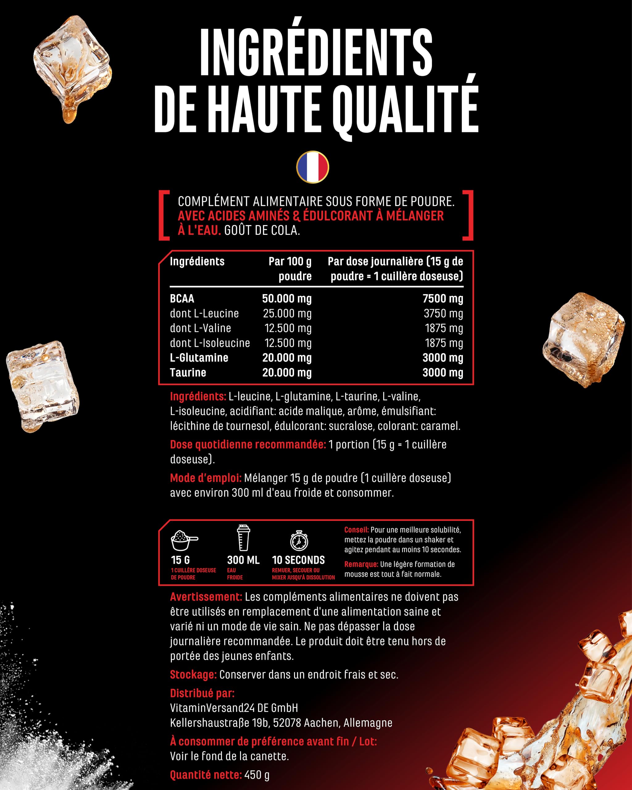 Advanced BCAA en Poudre 450 g - Acides Aminés 2:1:1 avec L-Glutamine & Taurine - BCAA Instantanés, Excellente Solubilité et Saveur - Végétalien - 30 Portions (Cola) | Avec taurine et glutamine, cola, 13 500 mg d'acides aminés par portion, soluble instanta