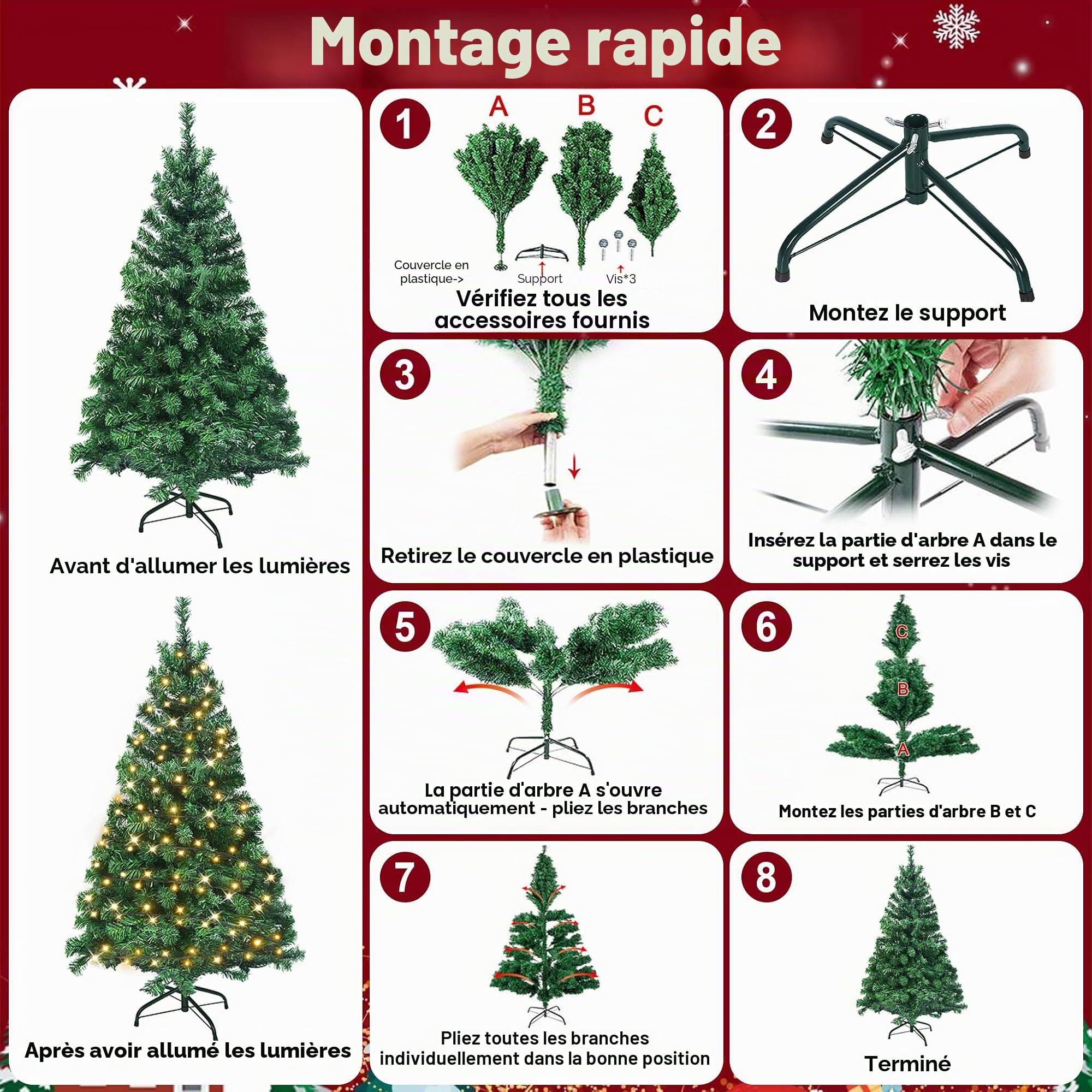 Aufun Sapin de Noël Artificiel avec Éclairage 250 LED Blanc Chaud avec Support en Métal 570 Pointes Sapin de Noël en PVC (180 cm, PVC Vert + LED)