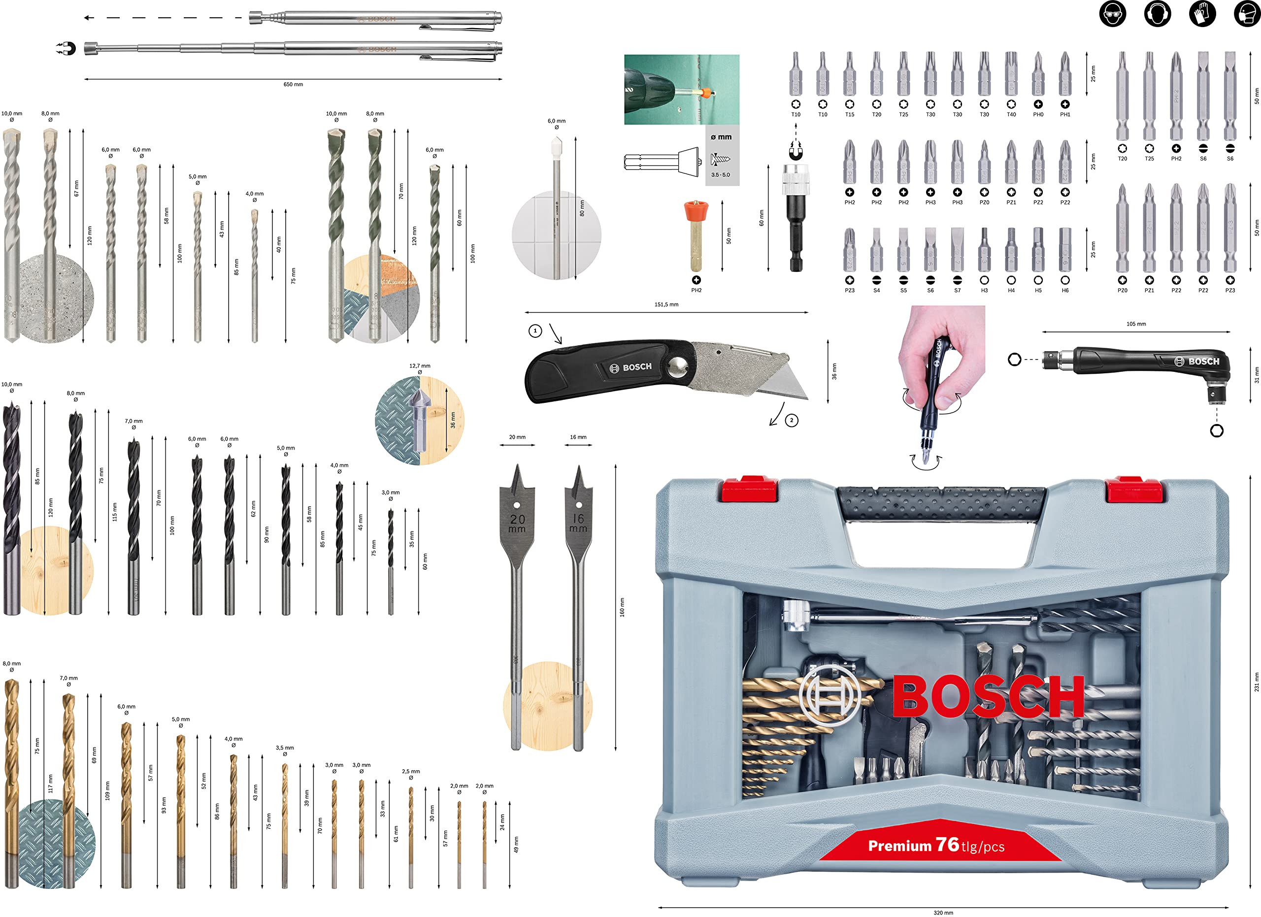 Bosch Professional 76-częściowy zestaw wierteł i końcówek wkręcających Premium X-Line (do drewnie, metalu i betonie, Akcesoria wiertło)