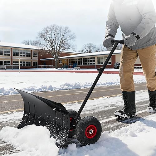 GarveeHome Snow Shovel with Wheels for Driveway, 29 in Wide Heavy Duty Push Snow Plow Shovel, Adjustable Handle, Angled Blade, Efficient Snow Removal for Pavement