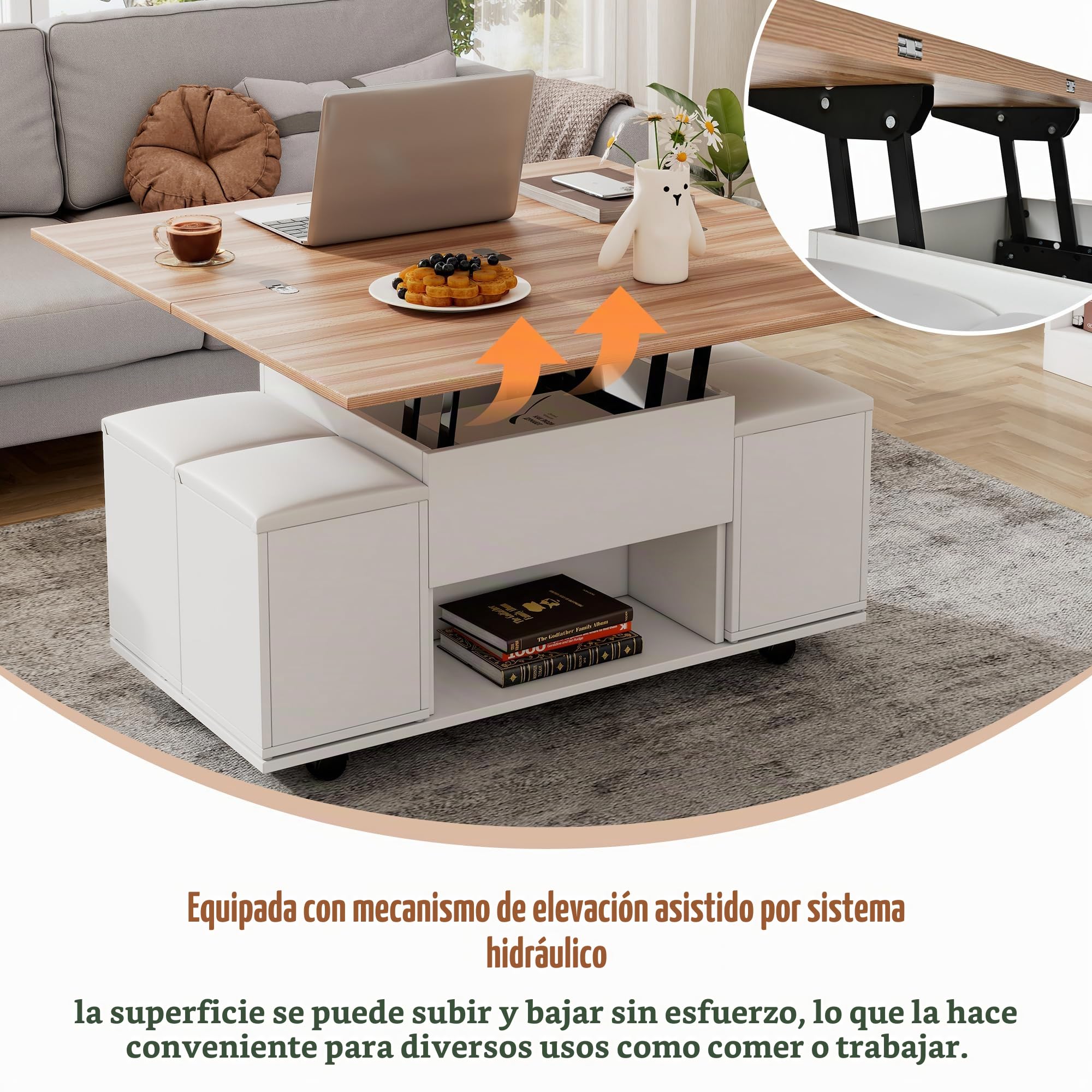 Mesa de Centro Elevable, Mesita con Tablero Plegable y 4 Taburetes