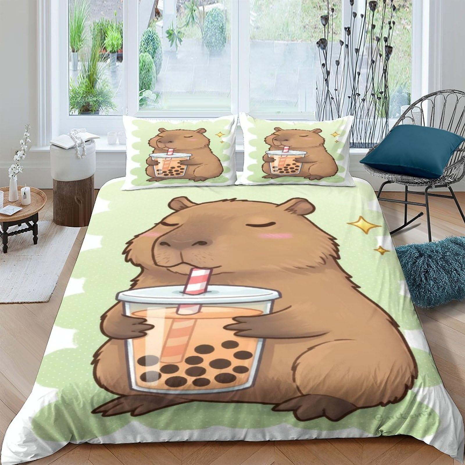Ctjqhvkz Style-5 3D Printed Cartoon Capybara Fitted Sheet Microfiber Soft Green Bubble Tea Bed Cover For Bedroom Dorm Mattress Protection Decor Single（135X200cm）