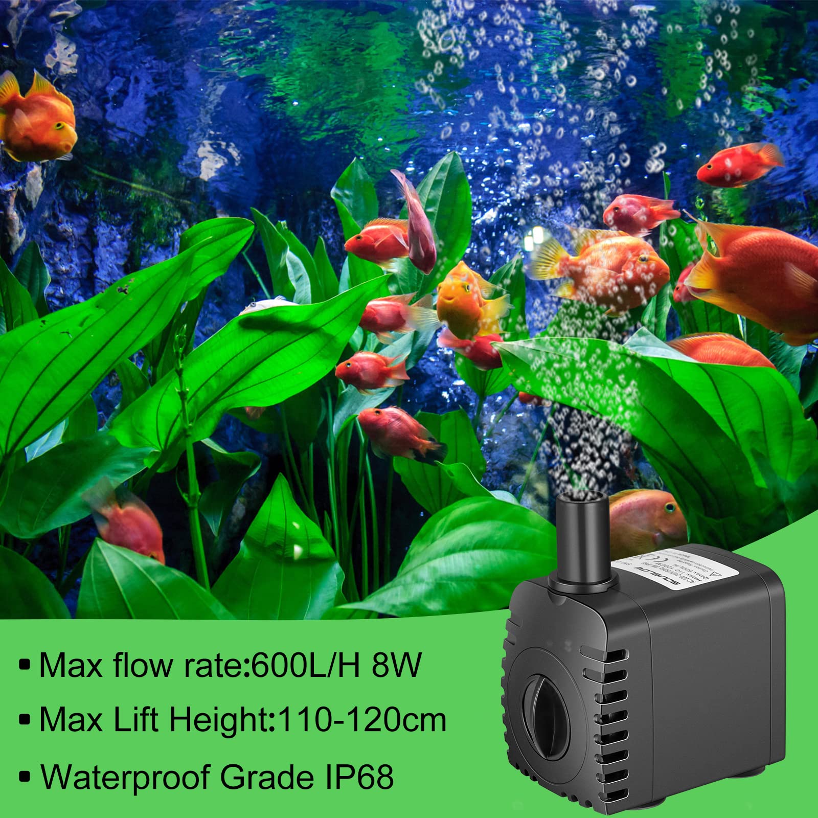 Pompe à eau submersible 8 W 600 l/h AC220-240 V avec 2 buses pour aquarium, étang, fontaines, jardin Noir Plastique Modern Pompe à eau