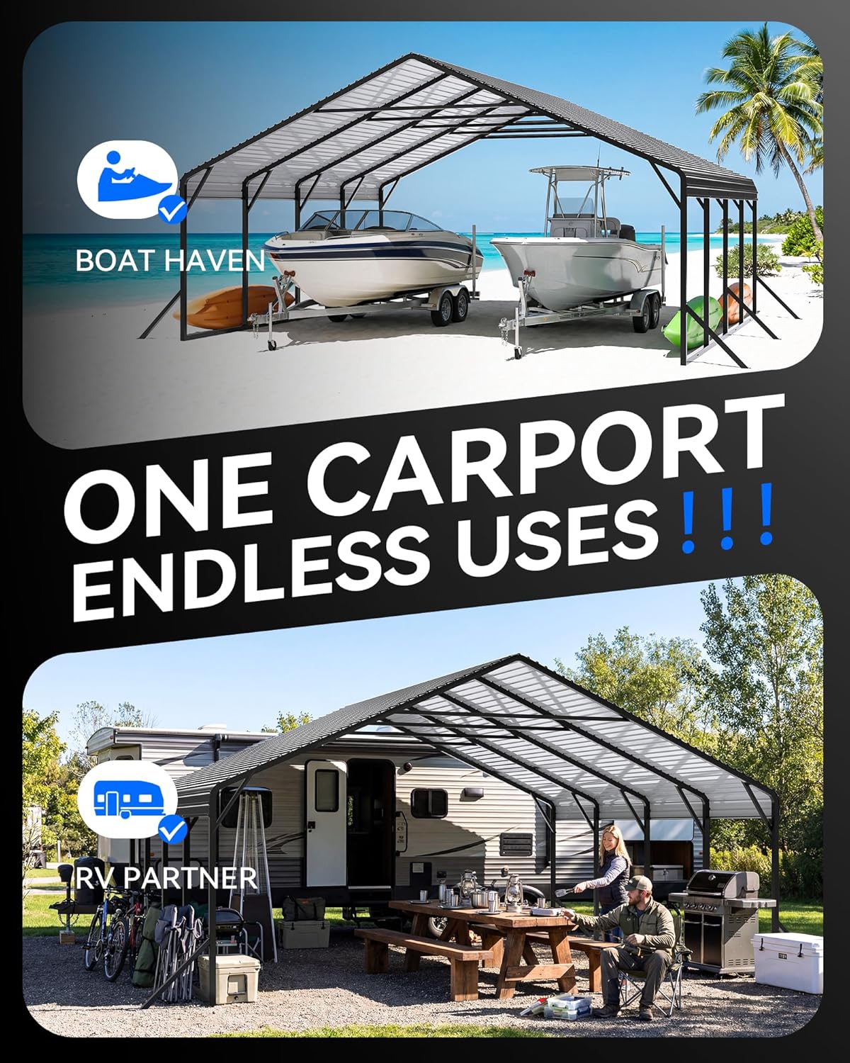 20x20FT Extra Large Metal Carport, Outdoor Heavy Duty Double Car Canopy, All-Weather Dual Vehicle Steel Garage Shelter, Spacious Outdoor Storage for 2 Cars, RV, Boat, Ideal for Parties