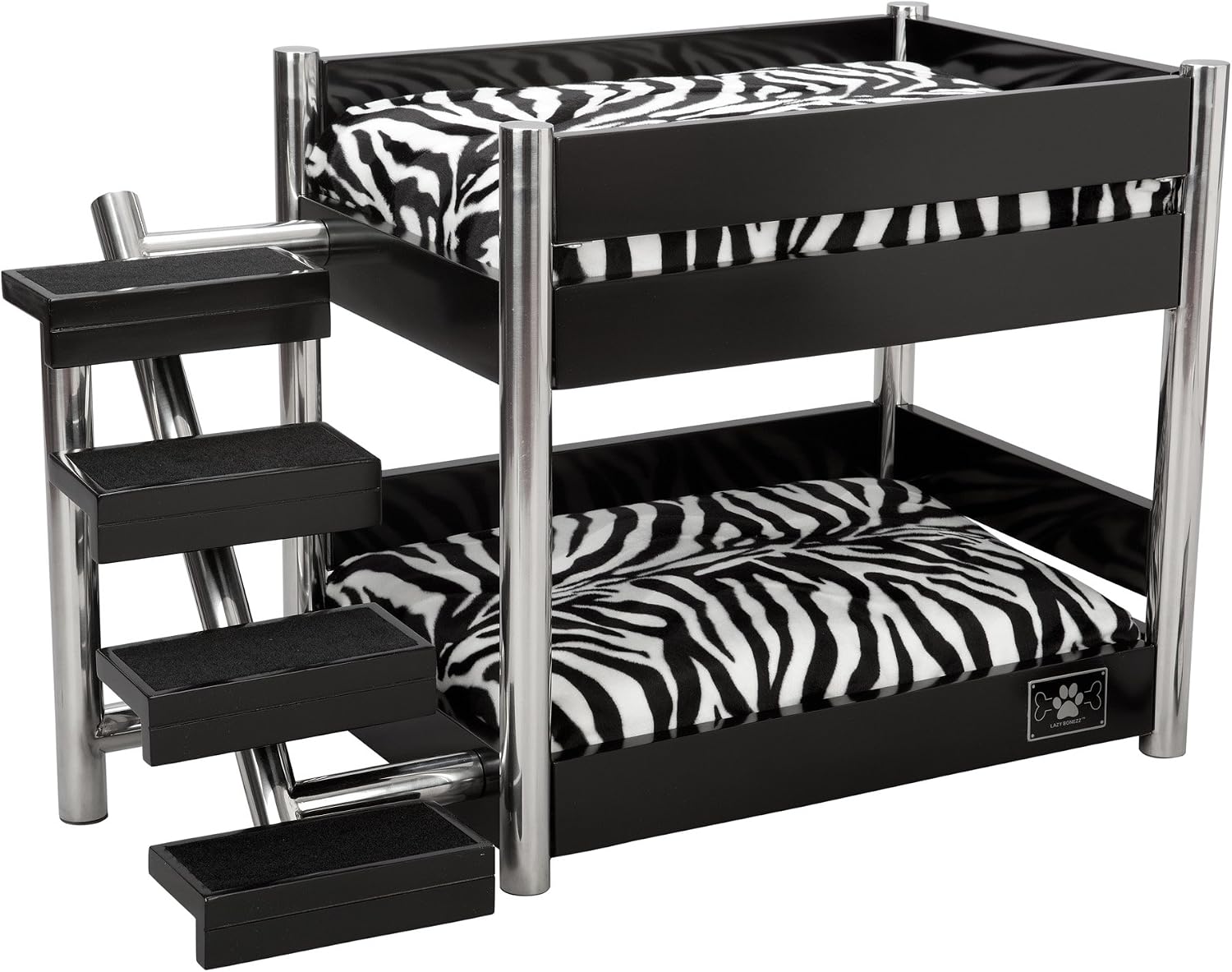 LazyBonezz Metropolitan Wood Pet Bunk Bed for Small Dogs and Cats with 2 Soft Cushions, 2 Cushion Covers and Stairs, BLACK