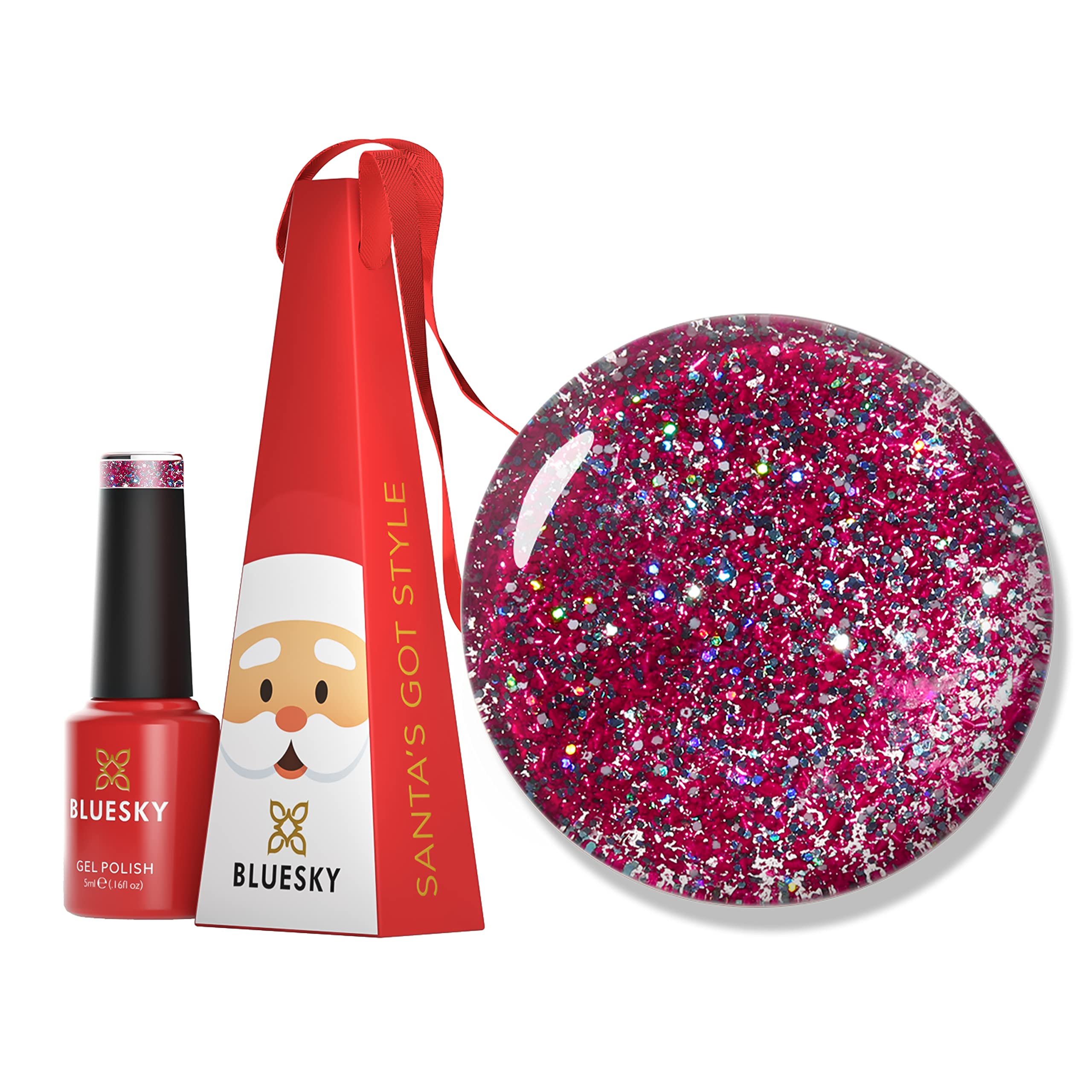 Bluesky Christmas Exclusive Gel Nail Polish Bauble 5ml, Santa's Got Style, Red Glitter Soak-Off Gel Polish for 21 Day Manicure, Professional, Salon & Home Use, Requires Curing Under UV/LED Lamp