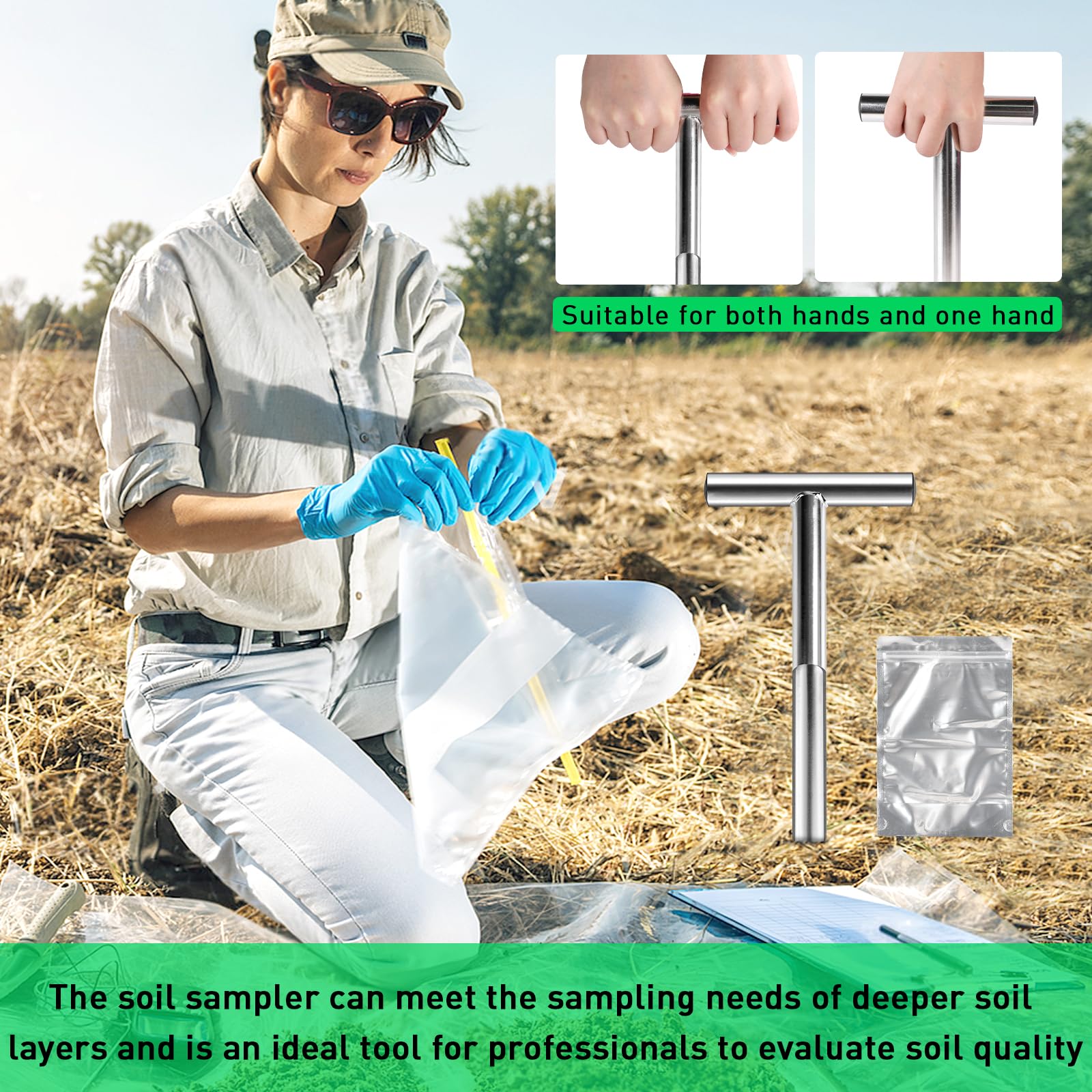 Sonda suelo 30 cm acero inoxidable 2.5 mm - Muestreador en T con 2 bolsas reutilizables para jardín, granja, césped