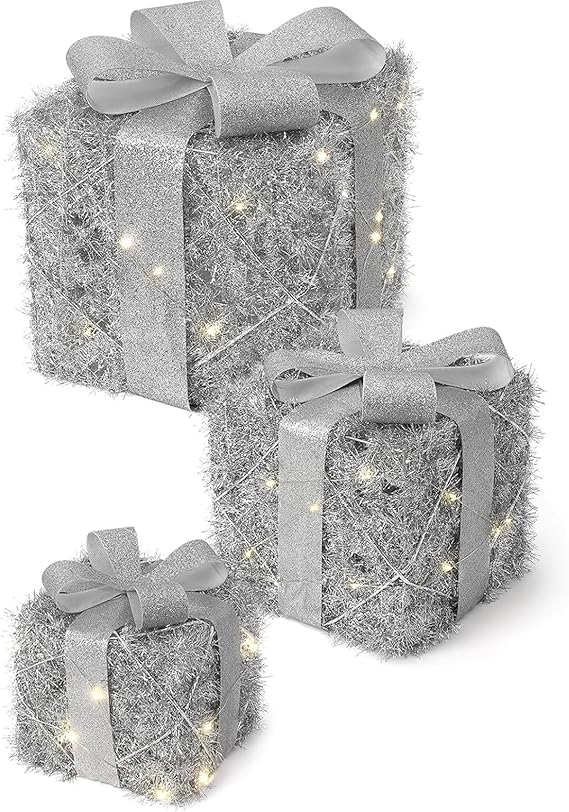 GAOMON Christmas Lighted Gift Boxes Set of 3, Battery Operated Light Up Present Box, Xmas Under Tree Decor, Different Sizes Pre-Lit Gift Boxes with Bowknot for Outdoor Indoor Christmas Decor, Silver