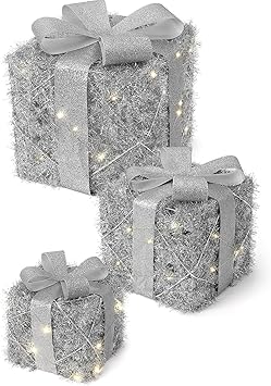GAOMON Christmas Lighted Gift Boxes Set of 3, Battery Operated Light Up Present Box, Xmas Under Tree Decor, Different Sizes Pre-Lit Gift Boxes with Bowknot for Outdoor Indoor Christmas Decor, Silver
