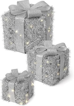 GAOMON Christmas Lighted Gift Boxes Set of 3, Battery Operated Light Up Present Box, Xmas Under Tree Decor, Different Sizes Pre-Lit Gift Boxes with Bowknot for Outdoor Indoor Christmas Decor, Silver
