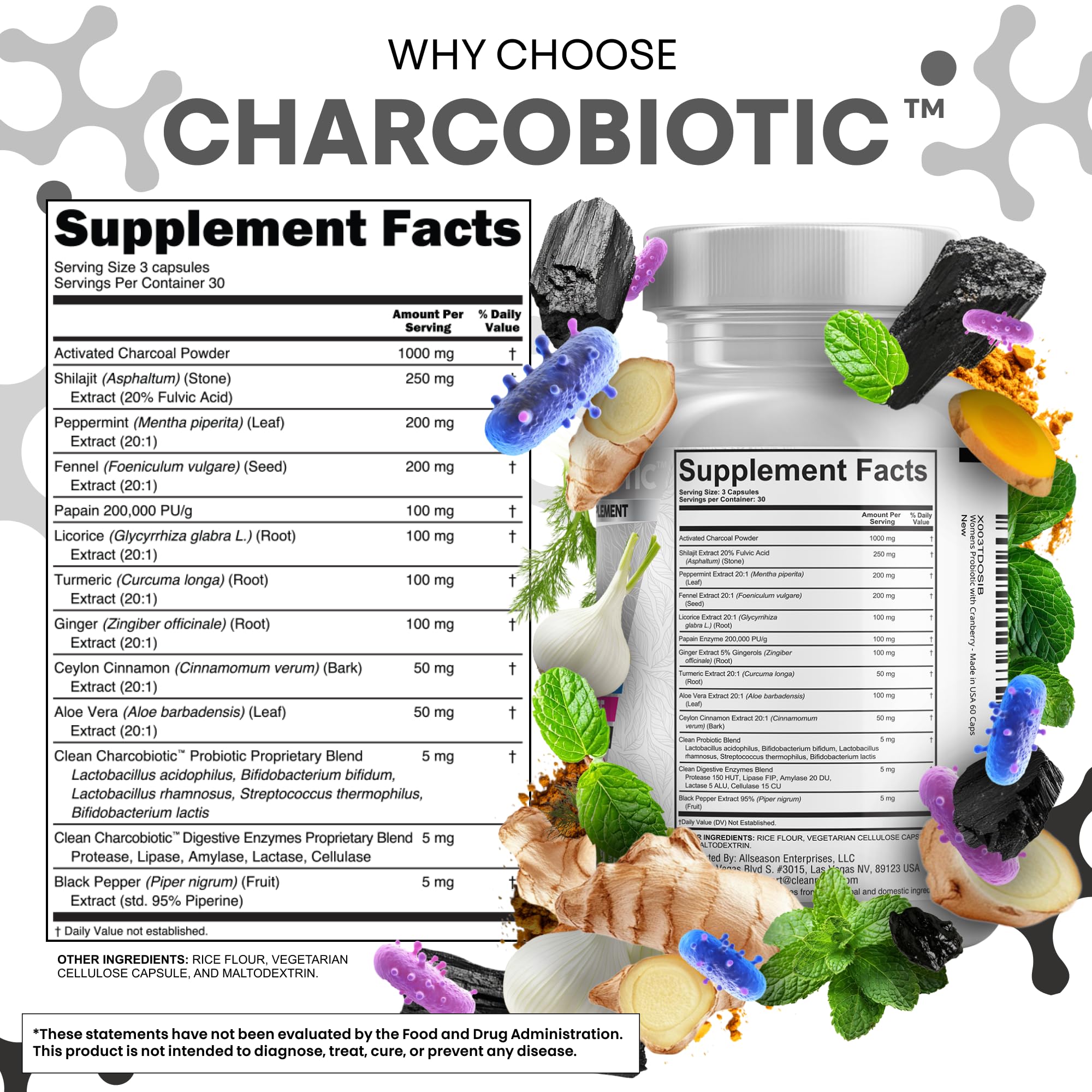 Activated Charcoal Pills for Gas Relief and Debloat, CharcoBiotic with Probiotics Digestive Enzymes Shilajit Peppermint Fennel Ginger Turmeric Licorice Root Aloe Vera Ceylon Cinnamon, Clean Nutra 90ct — Amazon image 5