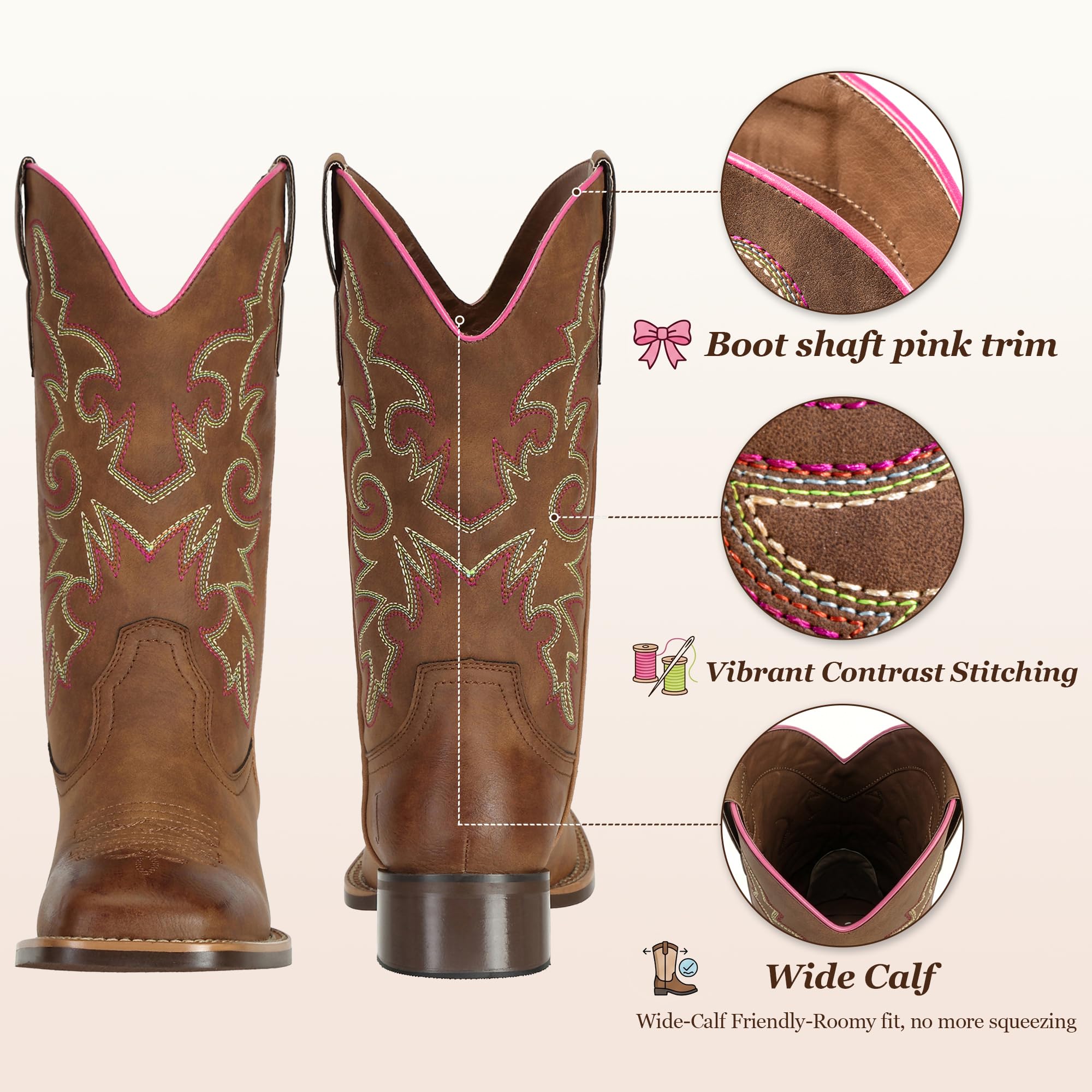 J's.o.l.e Stivali da cowboy da donna, stile western, metà largo, punta quadrata, stivali da cowgirl, per equitazione, scarpe ricamate