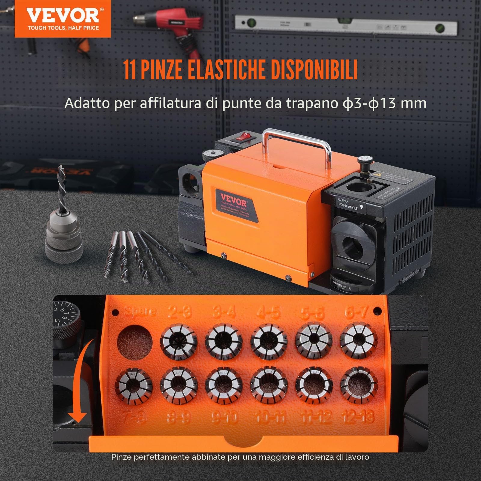 VEVOR Affilatrice per punte da trapano, MR-13A, affilatrice per punte da trapano da 3-13 mm, angolo di 95° a 135°, affilatrice portatile, con 11 pinze, ruota CBN per HSS