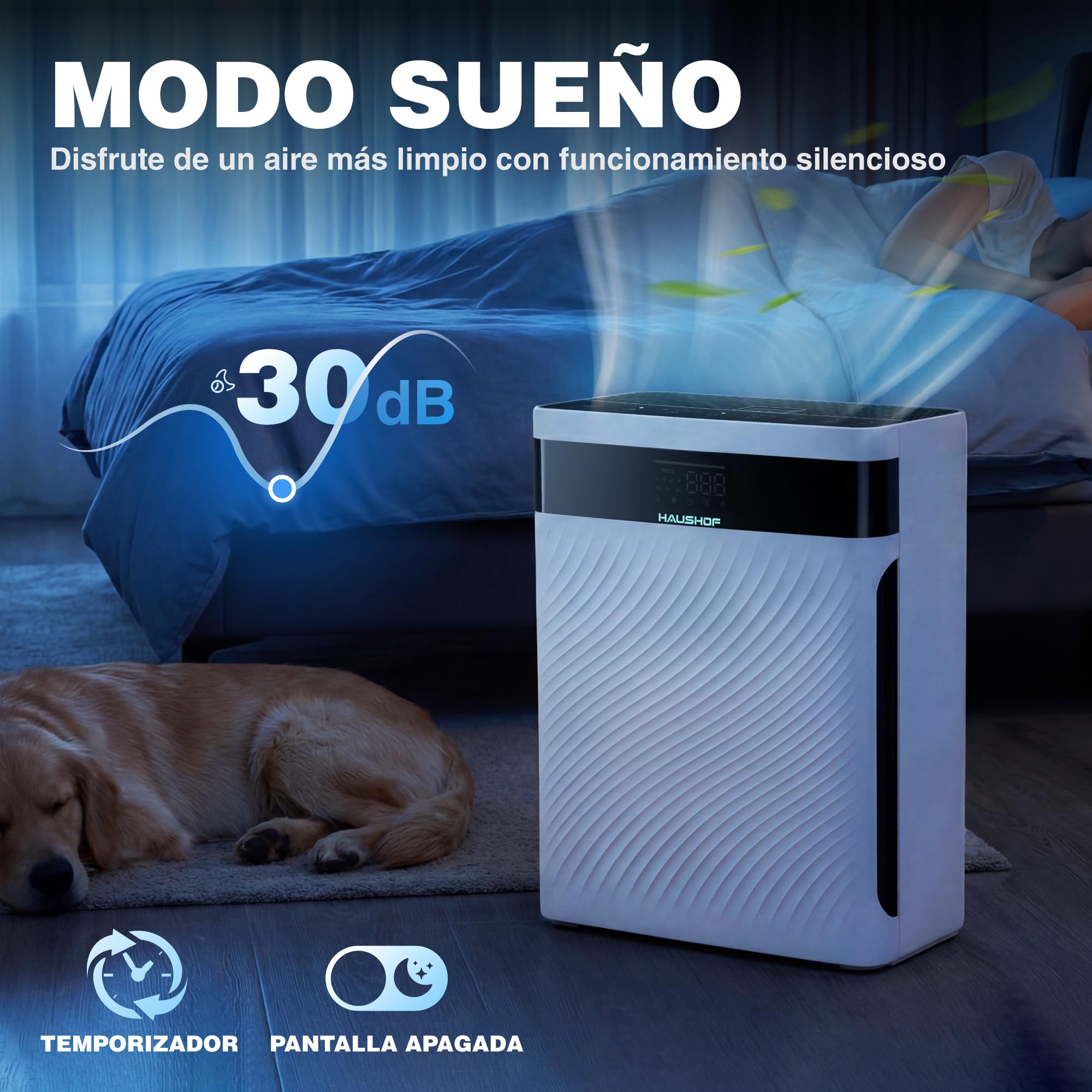 HAUSHOF Purificador de Aire con Filtro HEPA H13 | para Alergias, Polen, Humo, Caspa De Mascotas y Olores, Modo Mascota y Reposo, Silencioso 30dB
