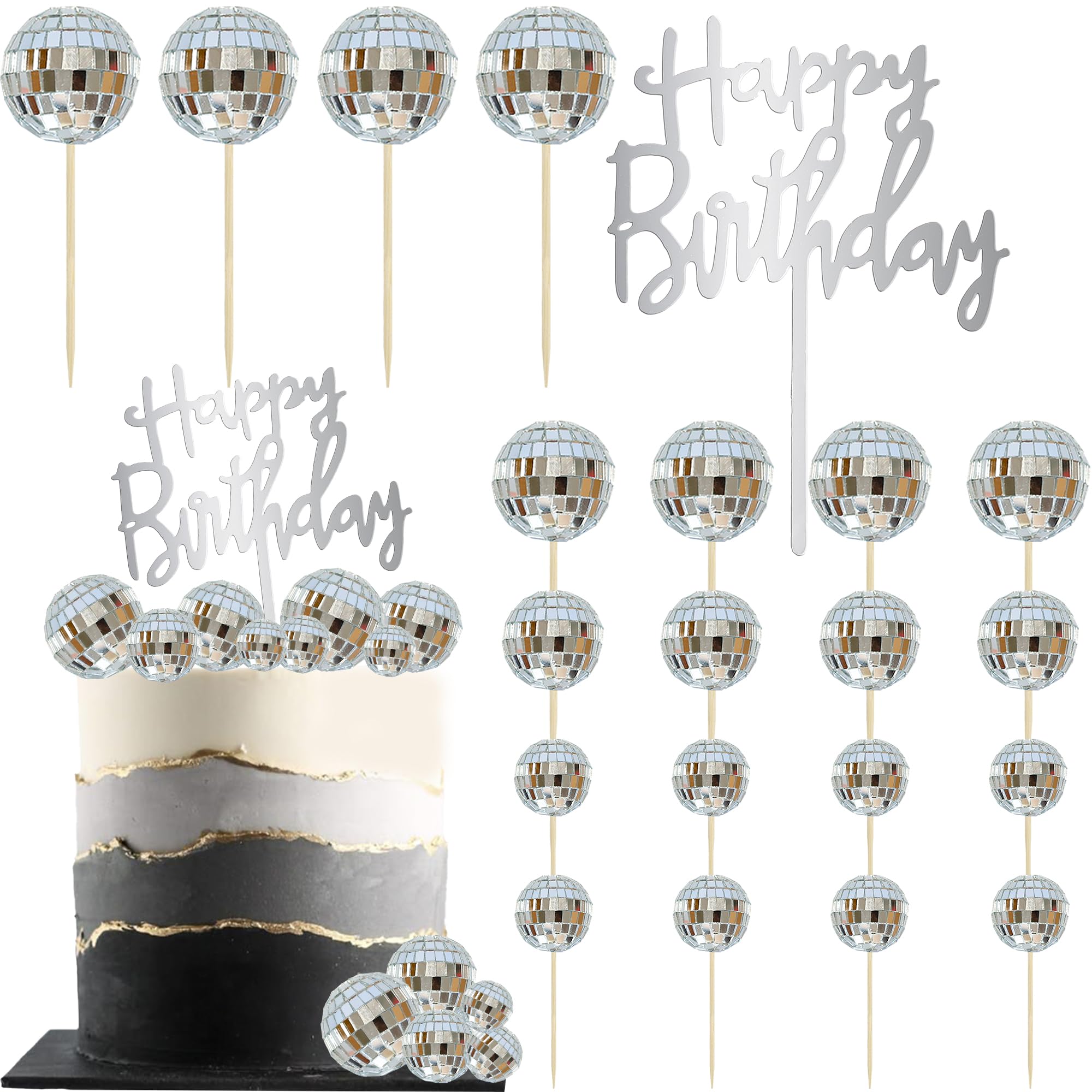 Ephlyn 26Pcs Disco Ball Cupcake Toppers Happy Birthday Cake Topper 1970s Disco Ball Cake Pick Decorations for Disco Theme Party 70s Disco Party Favor