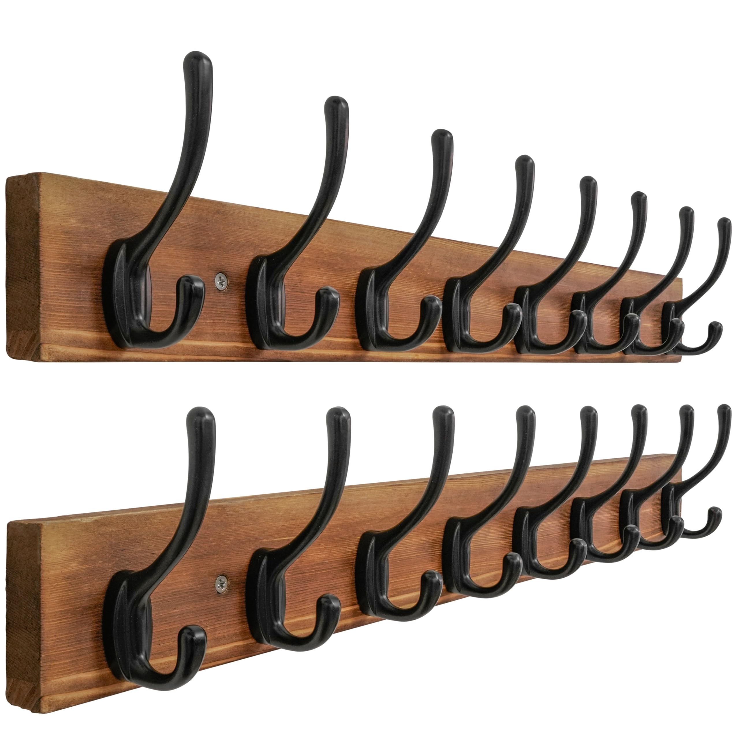 SKOLOO Rustic Farmhouse Coat Hooks Wall Mounted, 56cm Long, Pack of 2, Solid Pine Wood with Weathered Finish, 8-Hook Distressed Wall Hanger for Porch, Mudroom, Cabin (Charred Wood & Black Hooks)​