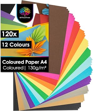 OfficeTree 120x Coloured Paper A4-12 Colours - 130 g/m  - Color Paper with Gold and Silver - A4 Coloured Paper - A4 Coloured Card - Craft Paper for Kids - Craft Card