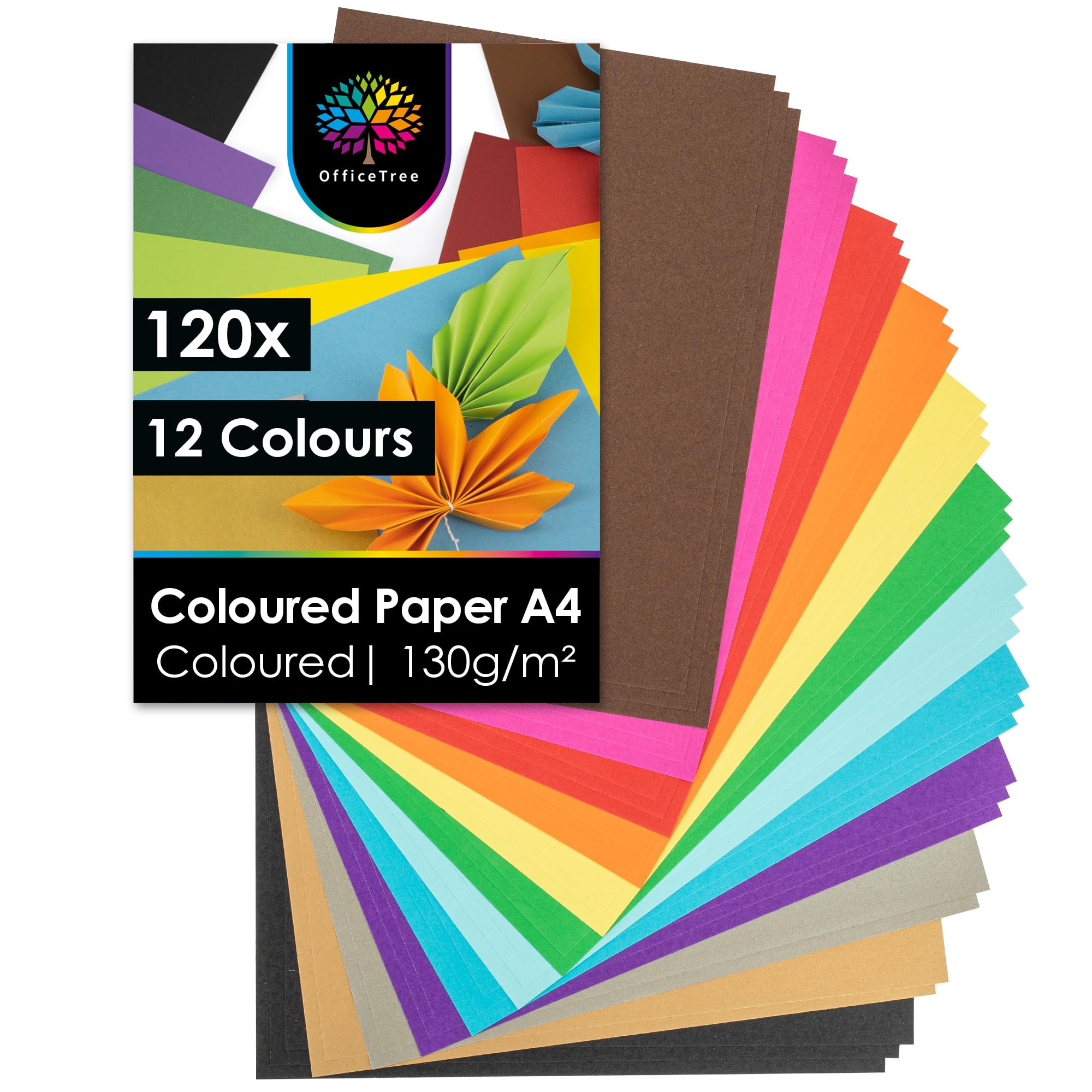 OfficeTree 120x Coloured Paper A4-12 Colours - 130 g/m² - Color Paper with Gold and Silver - A4 Coloured Paper - A4 Coloured Card - Craft Paper for Kids - Craft Card