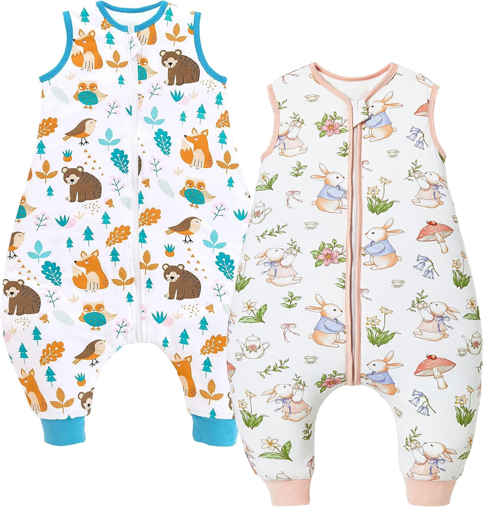 Chilsuessy 2er Pack Baby Schlafsack mit Füßen 2.5 Tog Winter Schlafsack Babyschlafsack mit Beinen Schlafstrampler für Jungen Mädchen, 2.5 Tog/Bären + Kaninchen, 100cm/Baby Höhe 110-120cm