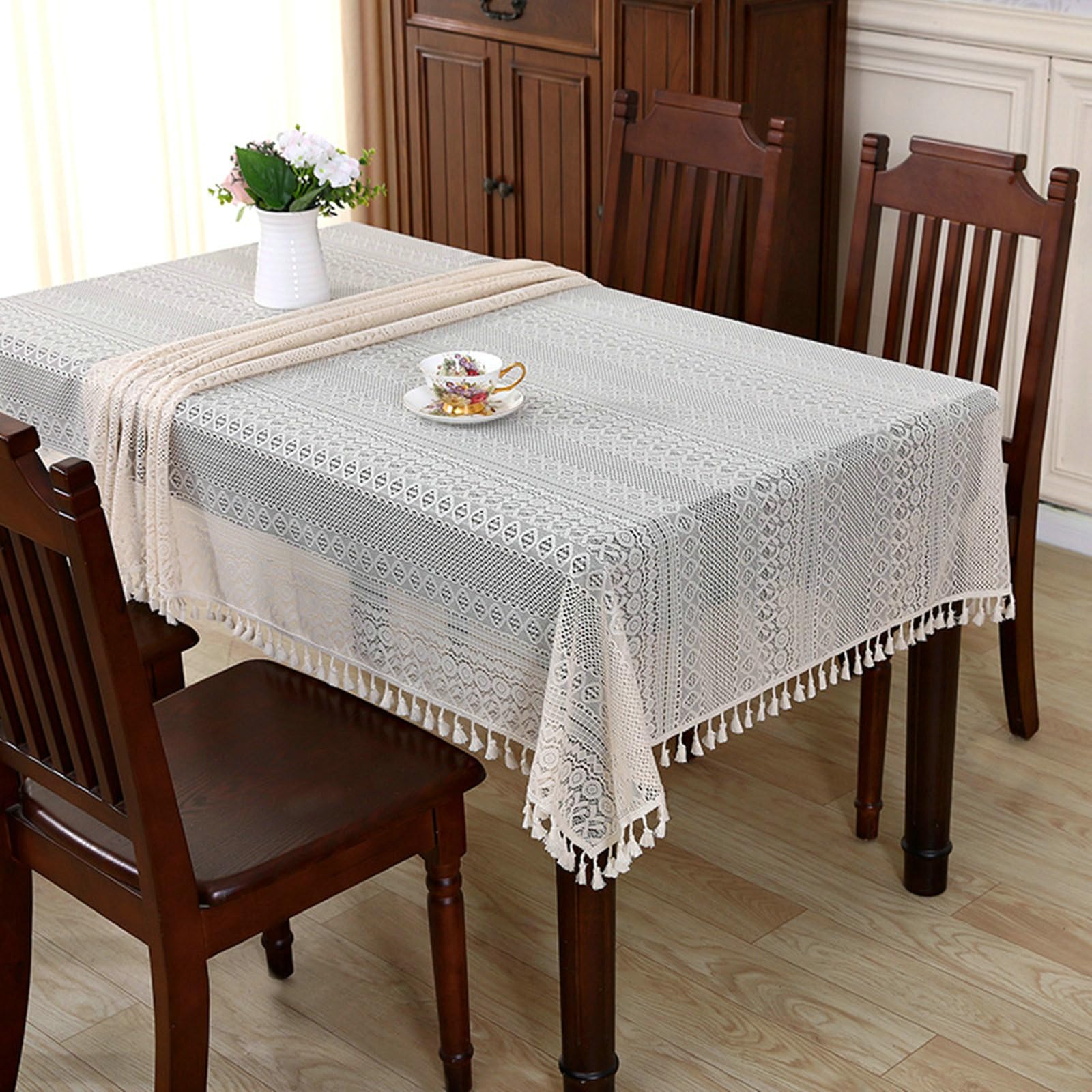 Tischdecke 150x270 cm, Hohl mit Quasten Polyester, Beige