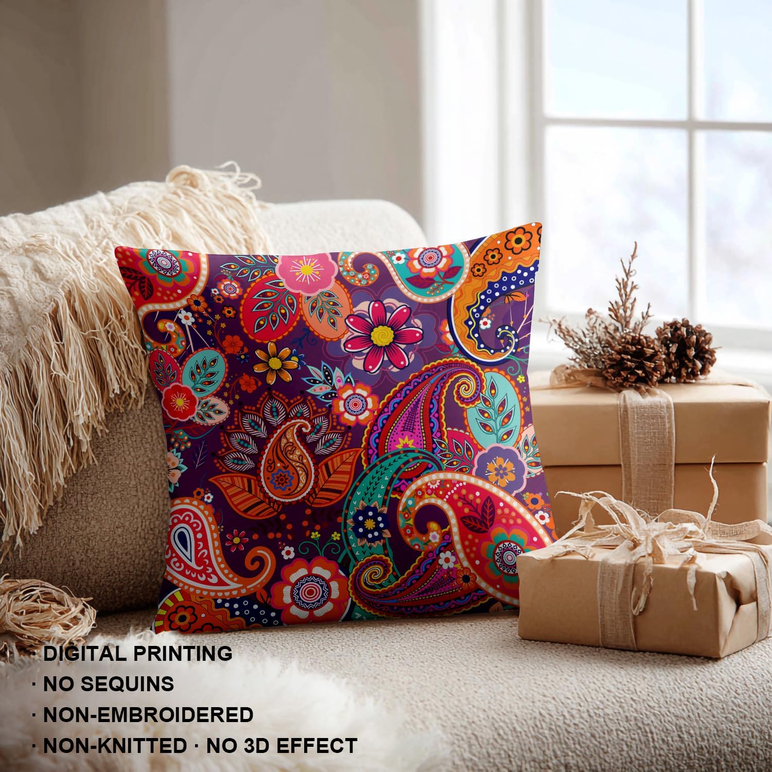 Shrahala Red Paisley Indian Decorative Pillow Covers, Chinese Colorful Flowers Pattern Floral Ethnic Indian Asian Cushion Case Sofa Bedroom Throw Pillow Covers Square 22 x 22 inches Red, Set of 2