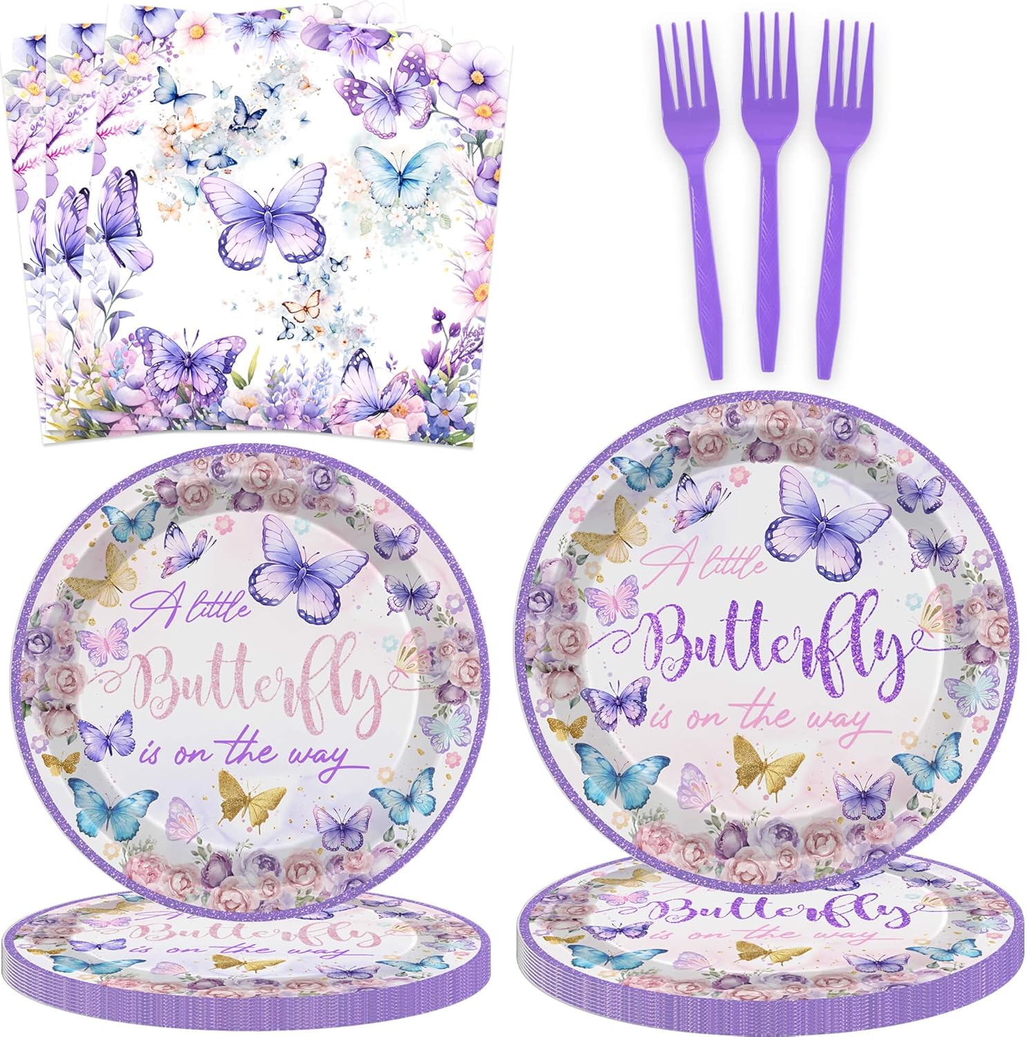 149 Pcs Butterfly Baby Shower Party Supplies Purple A Little Butterfly Is On The Way Tableware Includes Hanging Swirl, Plates, Cups, Straws, Tablecloth for Girls Gender Reveal 1st Bday Decorations