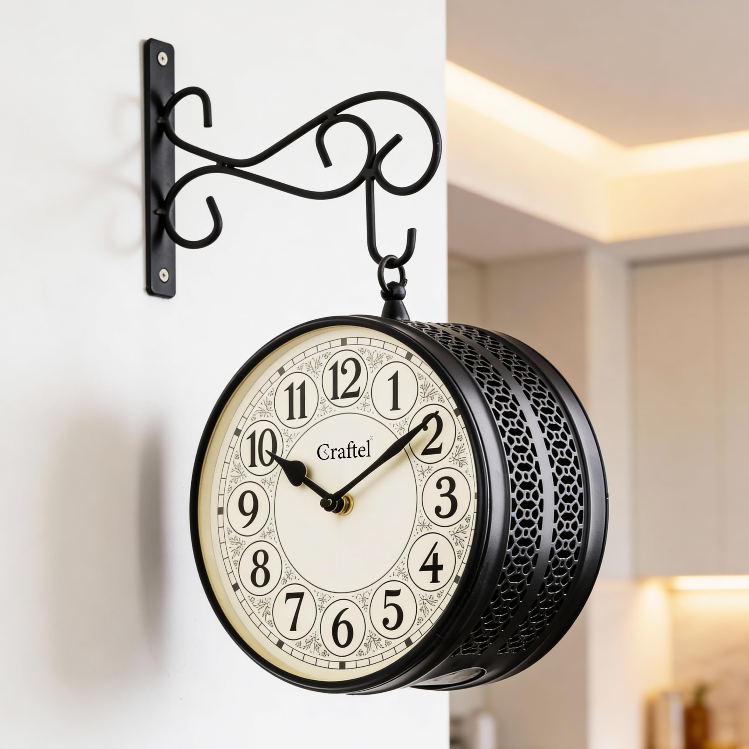 CRAFTEL Metal Analog Railway Wall Clock Vintage Double Sided English Roman Hanging Clock for Living Room Home and Office (Dial - 8 Inches, Matte Black)