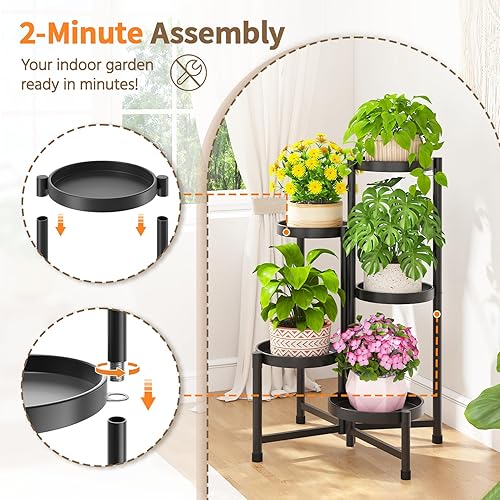 Miniatura 6 de LASZOLA Soporte de plantas de 5 niveles plegable alto para interior con múltiples macetas grandes, estante de flores ajustable de metal resistente