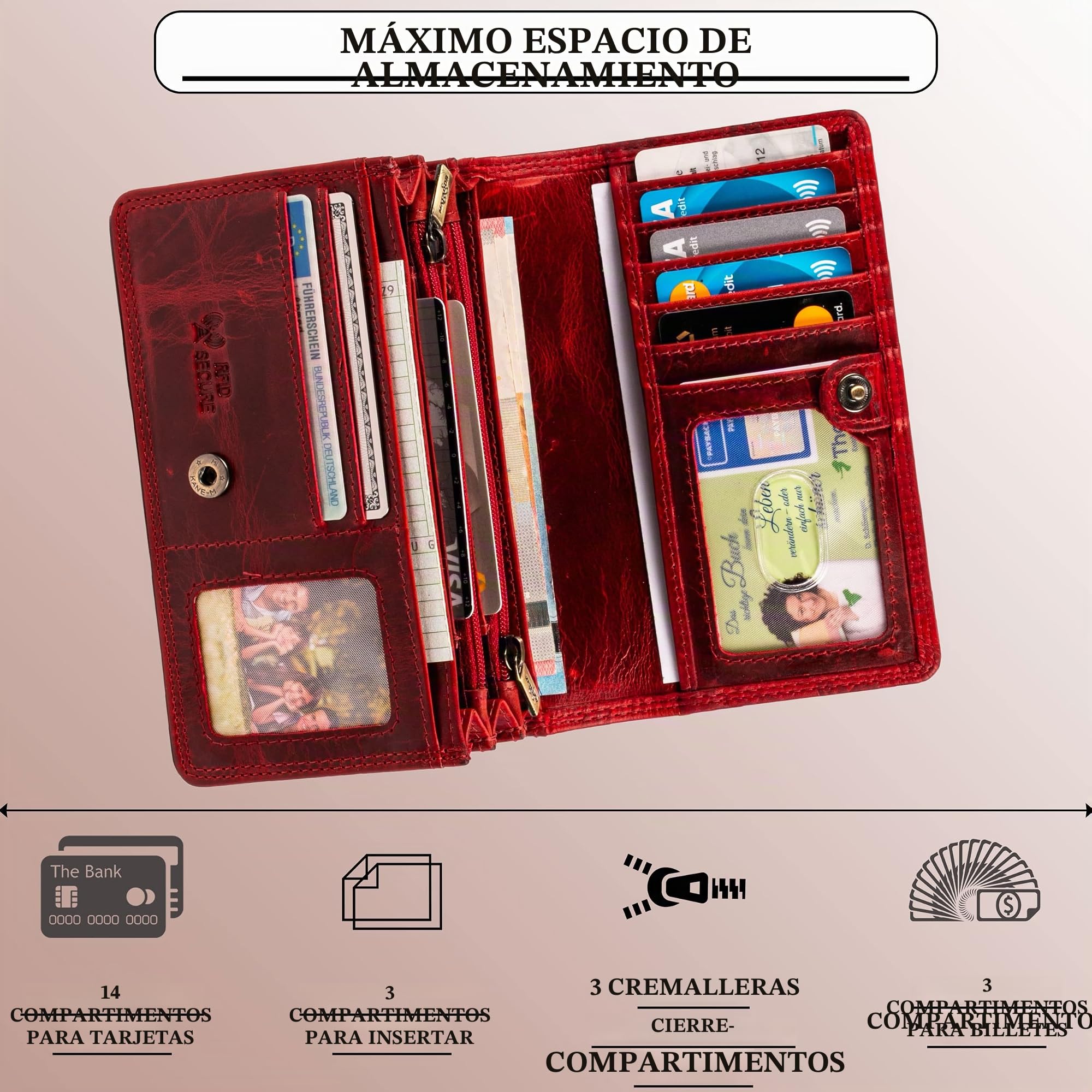 Matador Cartera de Mujer de Piel roja #Venecia con Elegante Caja de Regalo, Elegante Cartera para Mujer, tamaño Mediano con Bloqueo RFID, Cartera de Lujo para Mujer, tamaño Mediano, Muchos