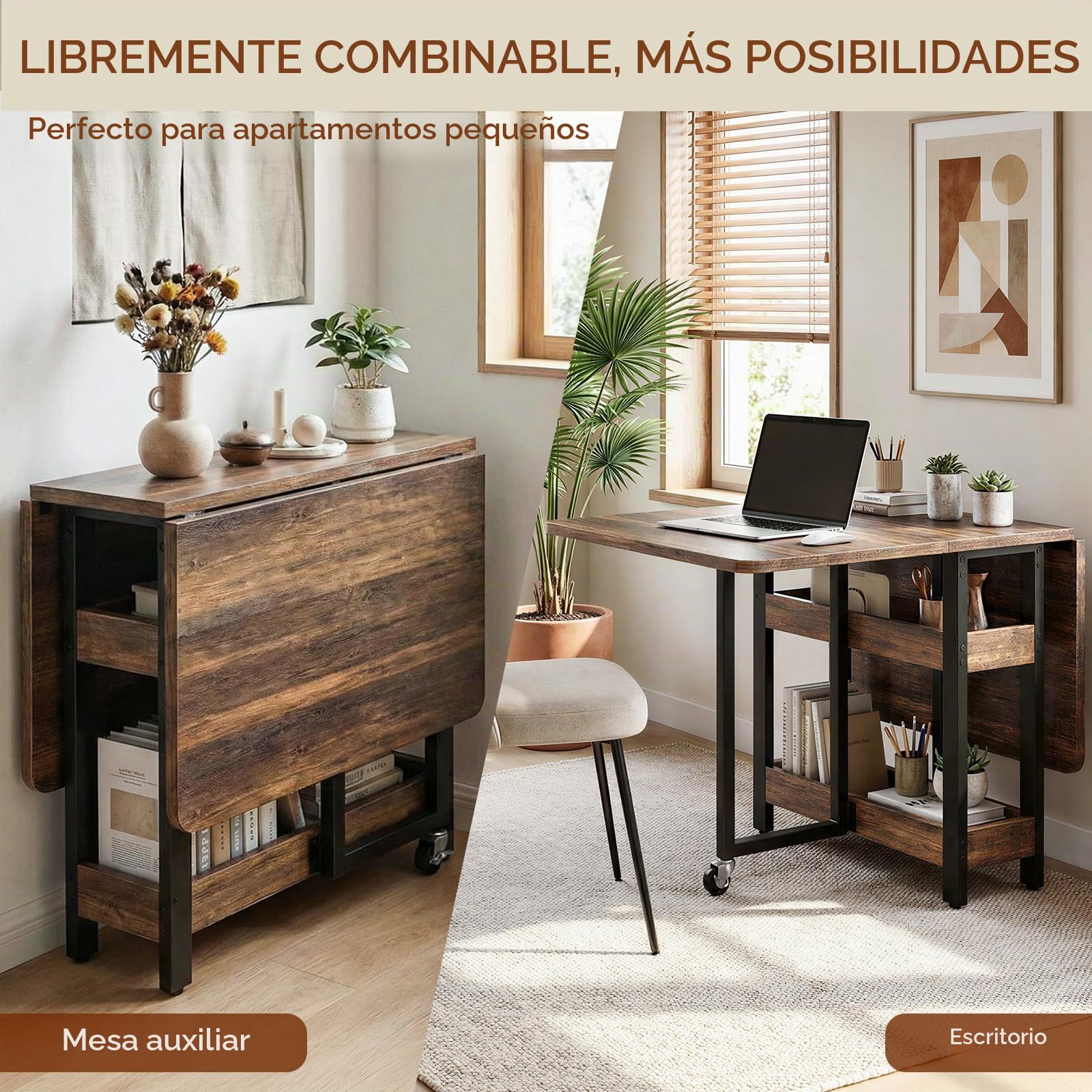 Clevich Mesa Plegable de Comedor con 2 estantes, Capacidad para 4-6 Personas, Ideal para Espacios pequeños, Solo 0,218 m³ Cuando está plegada, para Cocina y hogar, 133x80x75cm, Madera de Tigre.