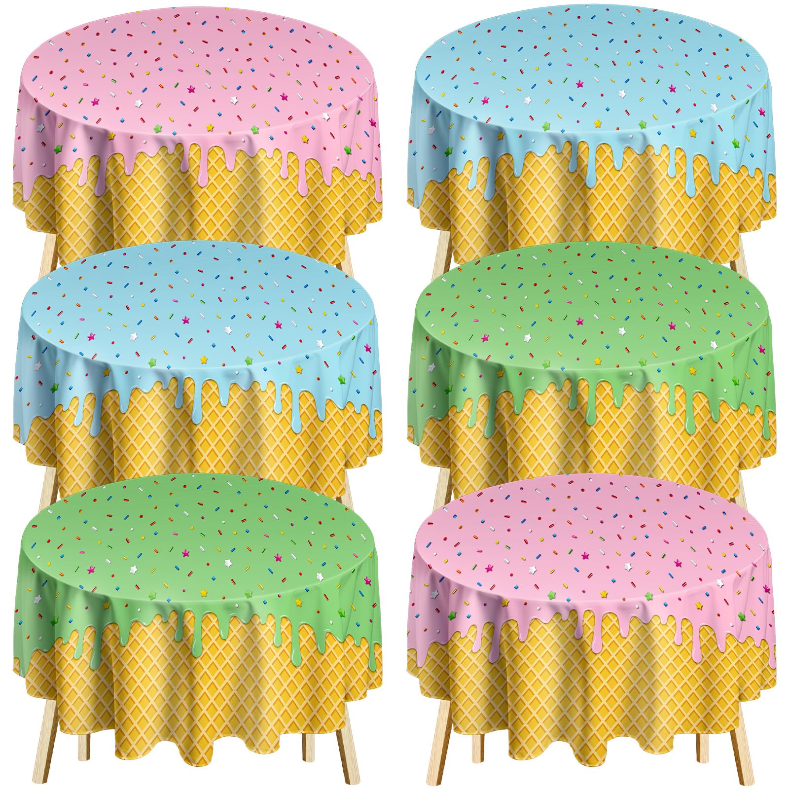 Chumia 6 Pcs Ice Cream Round Tablecloth 84 Inch for Party,Blue, Pink, Green | Ice Cream Circle Table Cloth, Disposable Plastic Sprinkle Donut Table Covers, Sweet One Donut Summer Birthday Decorations
