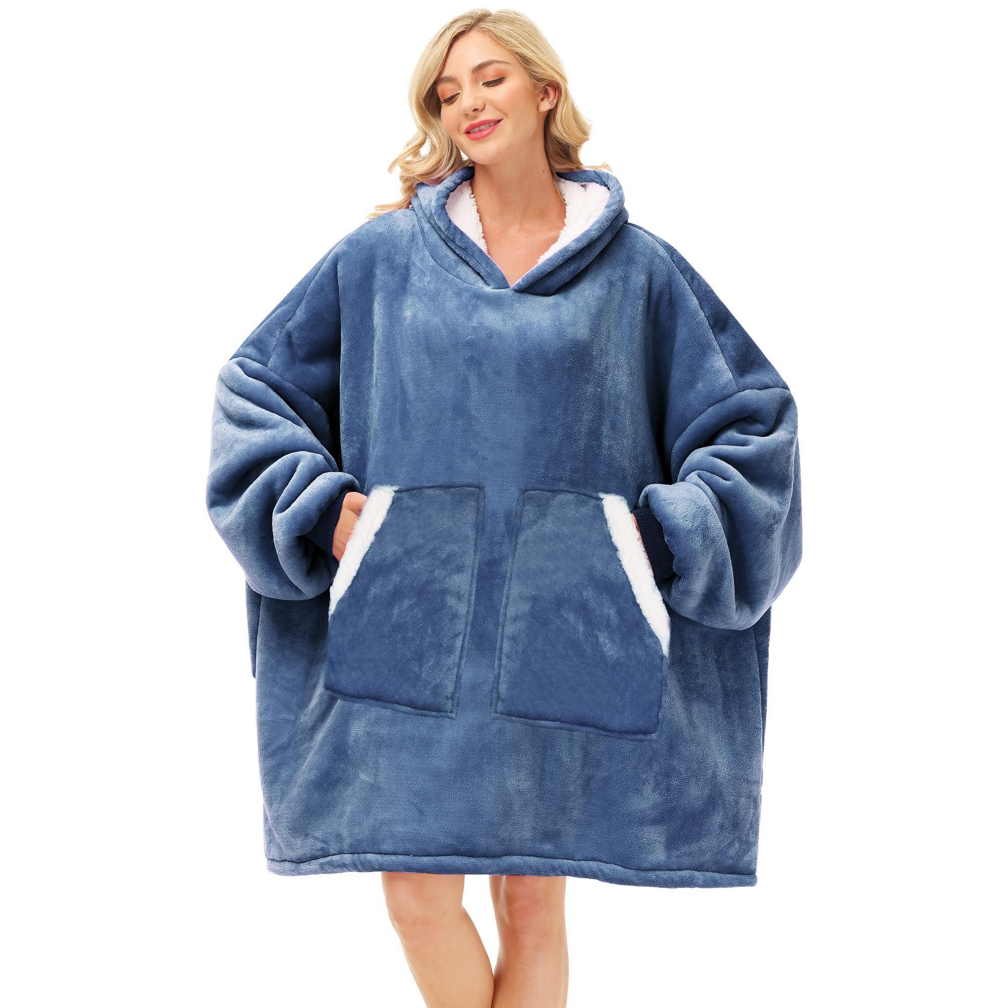 Kipswiza Oversized Wearable Blanket Hoodie, Cozy Sherpa Hooded Blankets Sweatshirt for Women Men Mom Daughter with Big Pockets as Gifts - Denim Blue