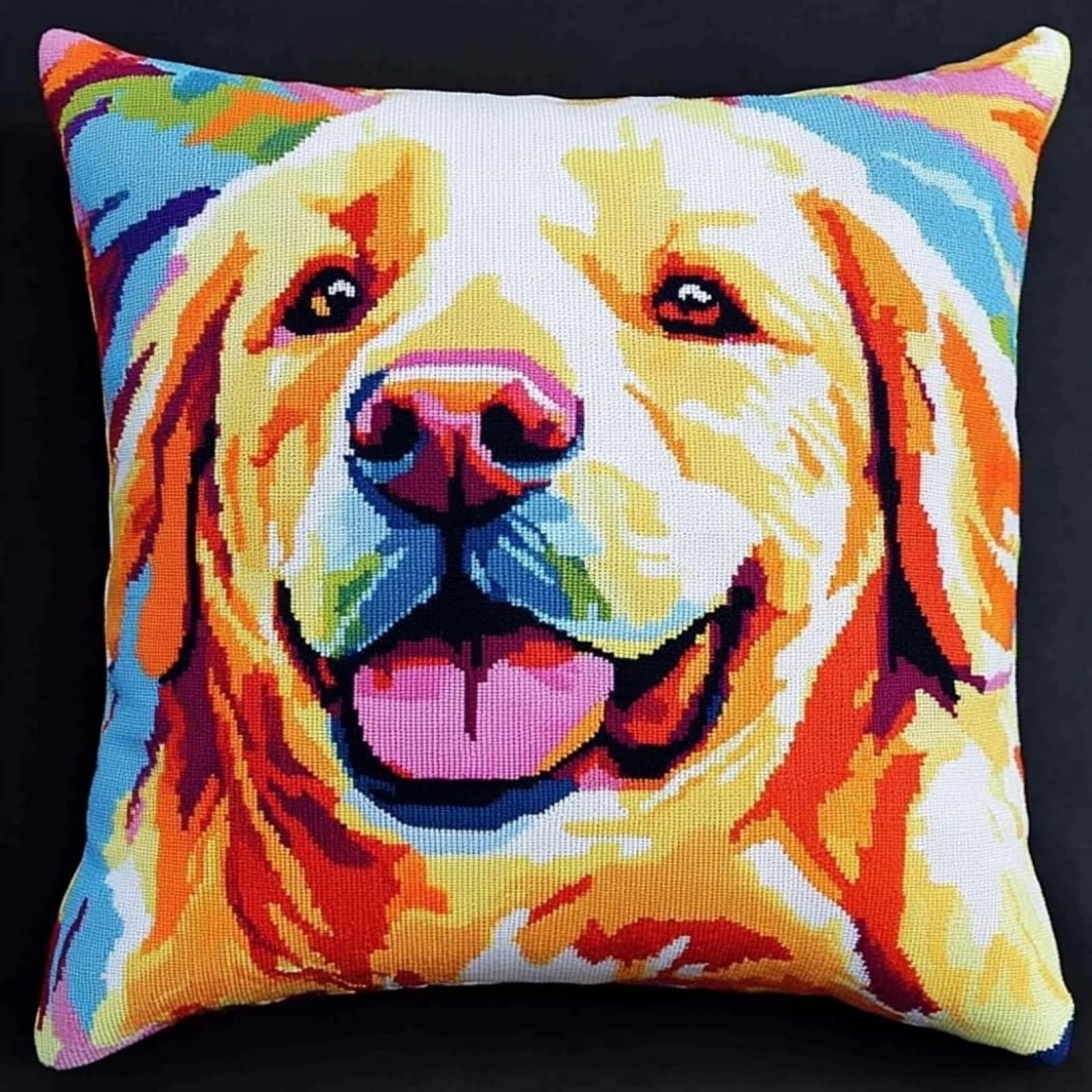 WallustrioaW DIY Cross Stitch Pillow Kit,Colorful Animal Dogs,Cushion Kit Needlepoint Craft Set Cushion Pre Printed Handmade Needle Pillow Cover,45x45cm