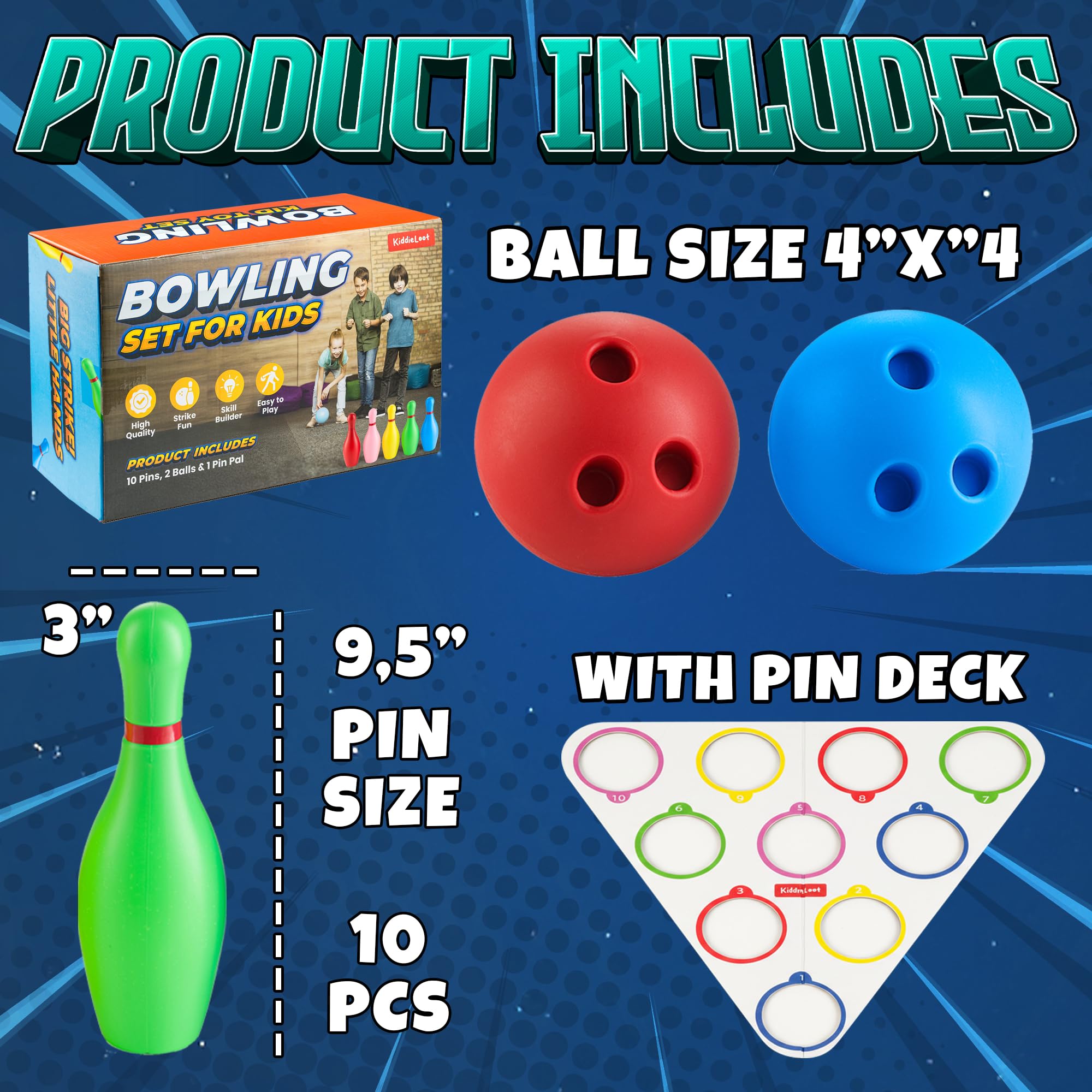 Bowling-Set für Kinder mit 10 bunten Kegeln und 2 leichten Bällen, lustiges Spiel für drinnen und draußen, ideal für aktives Spiel, Lernen und Geschenke für Jungen und Mädchen ab 3 Jahren