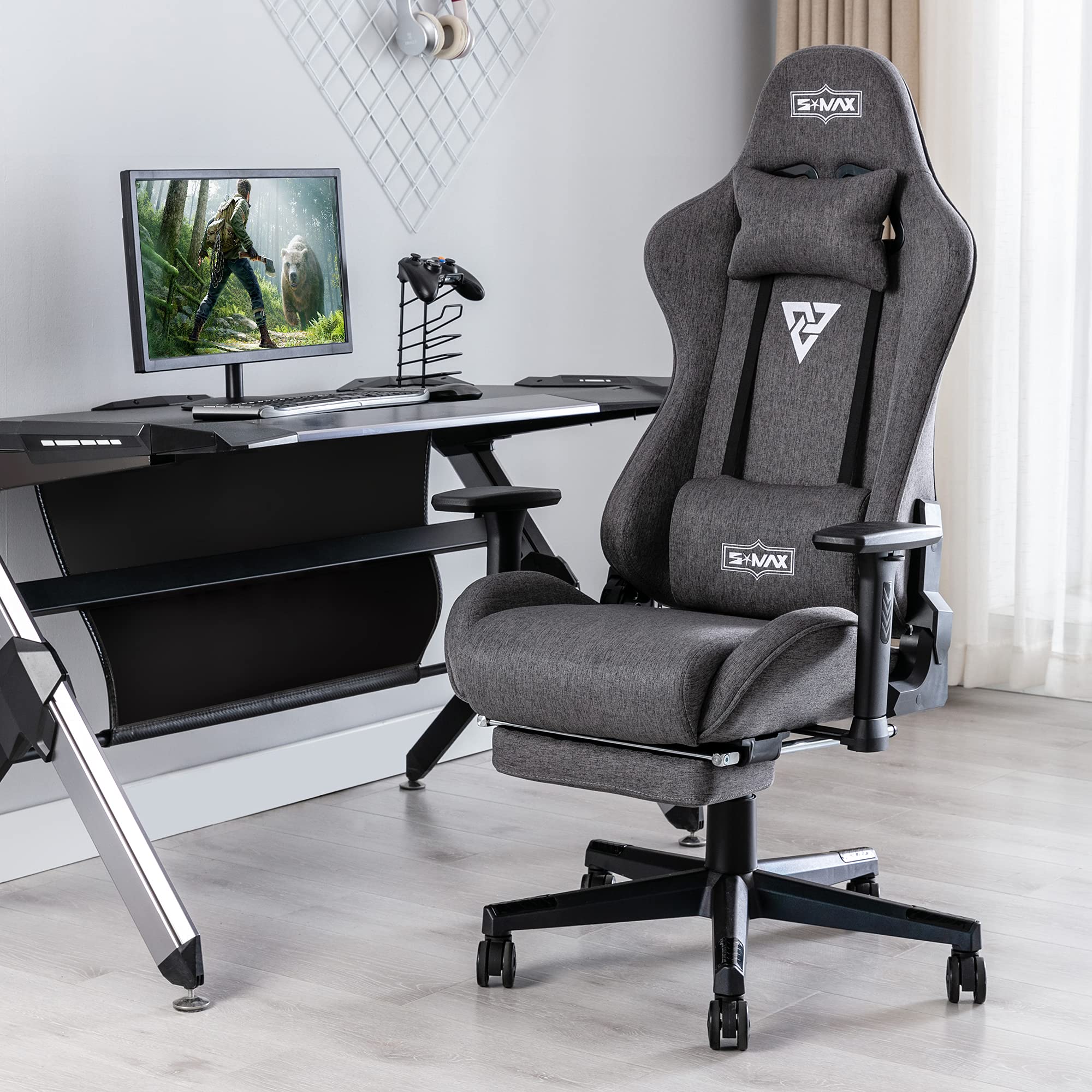 S*MAX Chaise Gaming avec Repose Pieds Siège épais Chaise Gamer Ergonomique avec Accoudoir 3D Appui-tête en Tissu et Support Lombaire Siege Gaming Gris