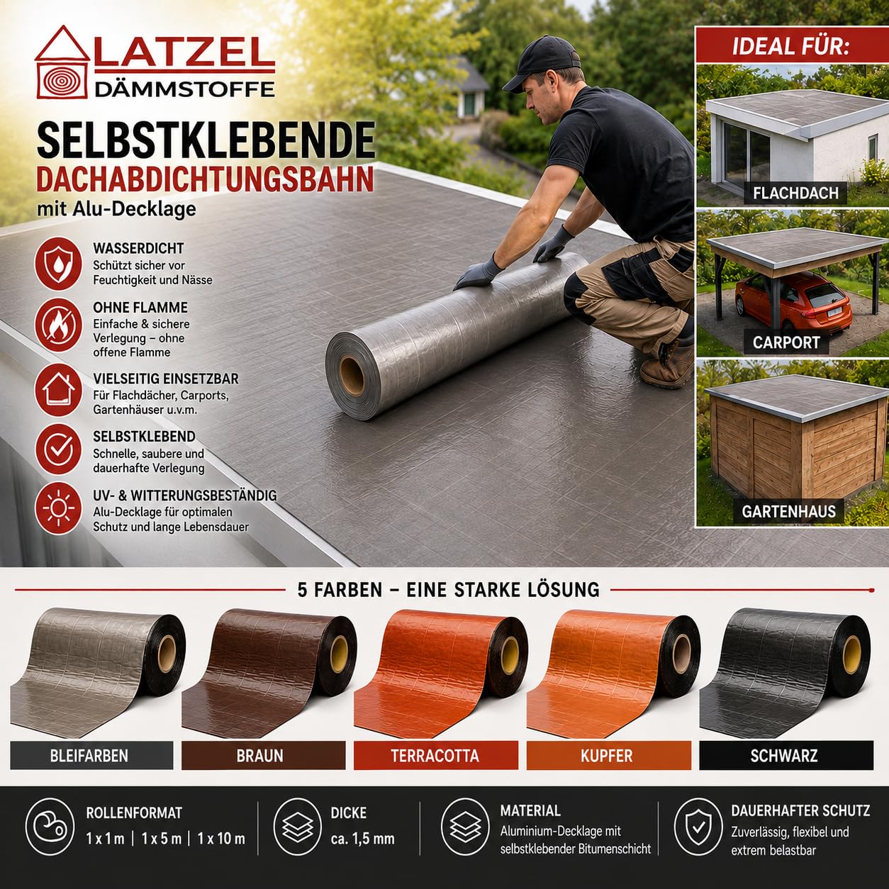 Bande d'étanchéité de toit autocollante 1 x 5 m - Couleur plomb - Bande de toit en bitume avec couche en aluminium - Étanche sans flamme - Pour abri de voiture, abri de jardin et toit plat - Rouleau