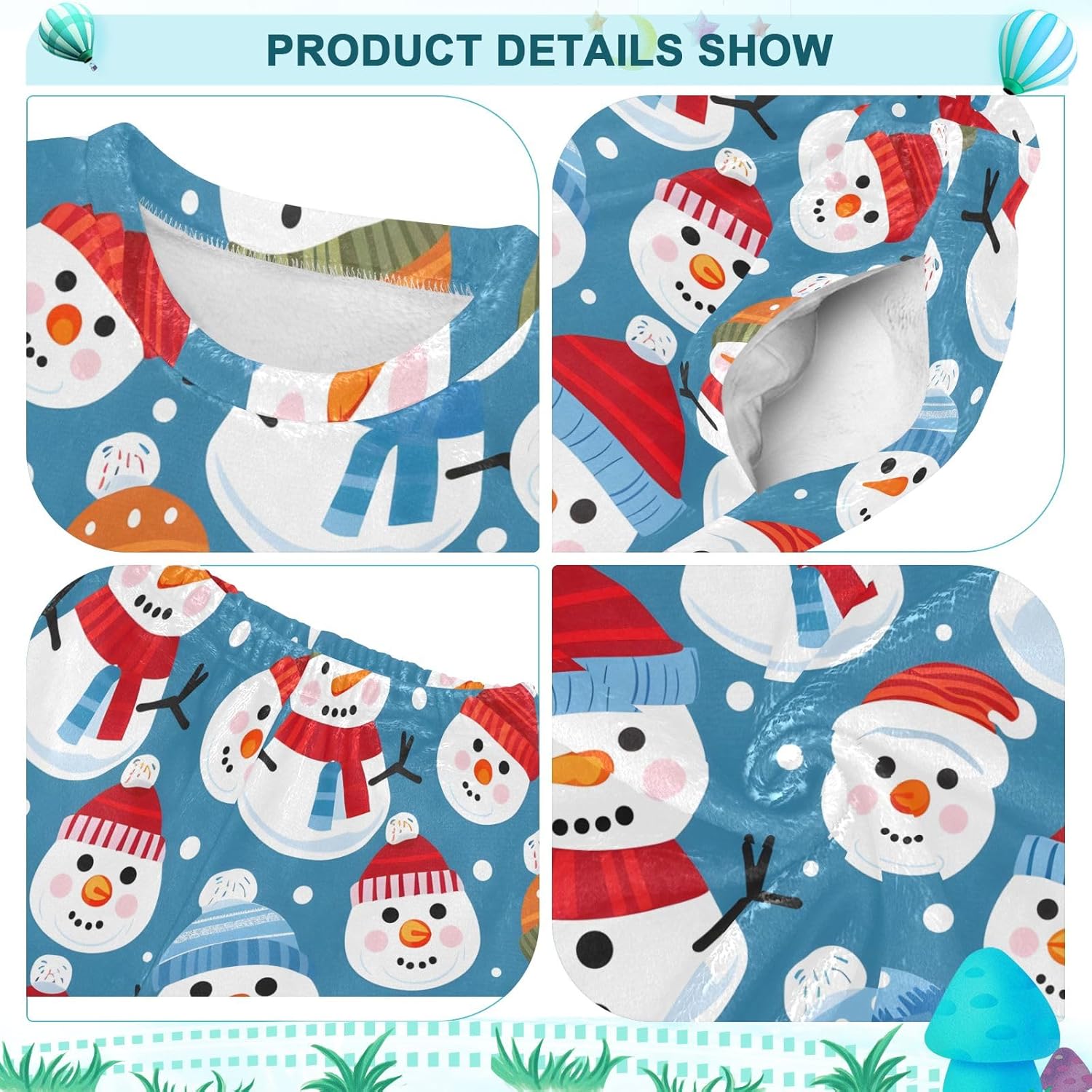 Kids Flannel Sets Snowman Heads Warm Plush Relaxed Clothing for Boys and Girls